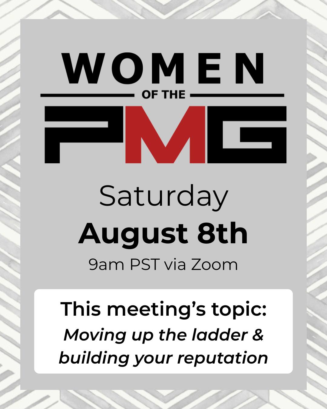 Join the WPMG Saturday, August 8th for our bimonthly meeting - 9AM PST via Zoom.
This meeting's topic is: Moving up the ladder & building your reputation
Please check your email for the invite link.
Questions? Email us at info@propertymastersguild.org