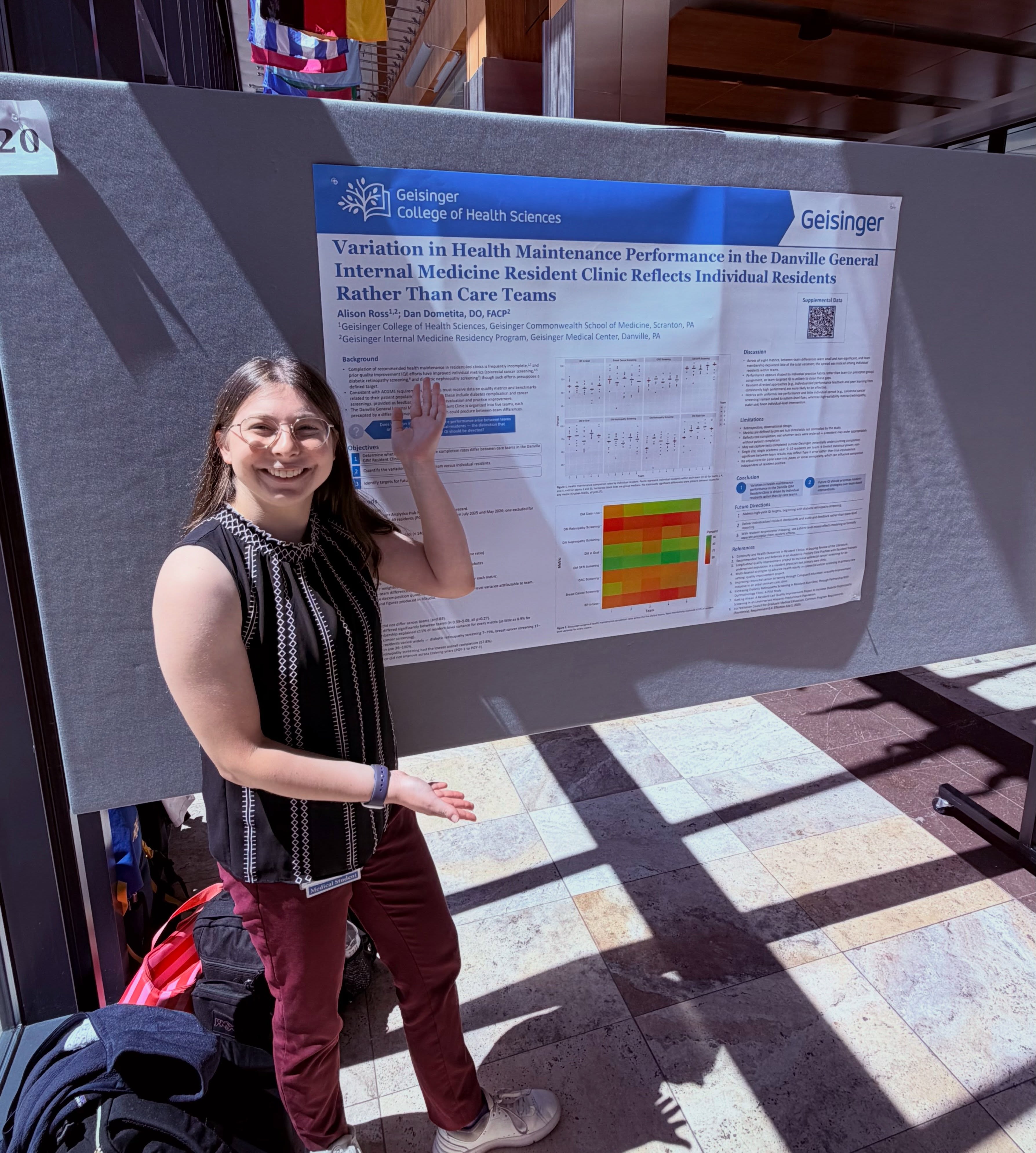 Huge congratulations to our GCSOM 3+3 medical student, Alison Ross, who just wrapped up a retrospective observational study looking at health maintenance quality metrics across our resident continuity clinic teams.
Excellent work pulling this together and presenting it at the Summer Research Immersion Program Symposium.