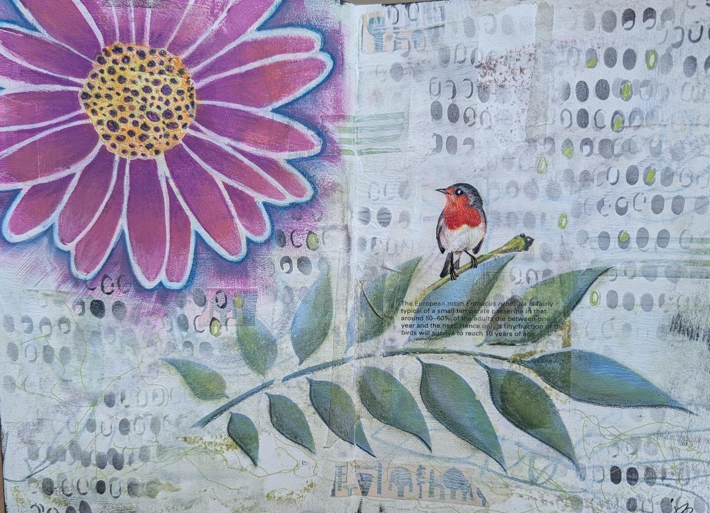 This European Robin was created using my favorite transfer technique with packing tape! I had fun making this page.
Supplies used: washi tape, pastel pencils, stencils with stazon ink, acrylic paint, graphite blocks and pencils, white gesso and a brayer.
#ilovebirds #imadearttoday #robin