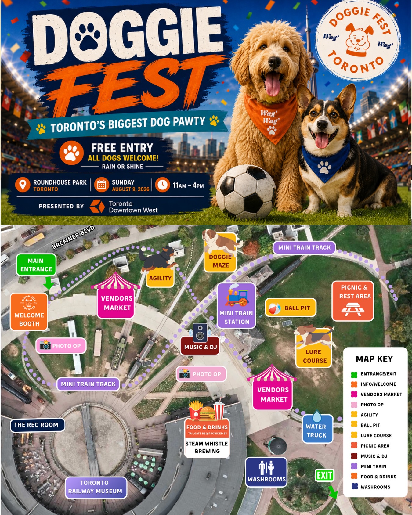 ⚽️🐾 THE SOCCER CELEBRATION IS STILL ON! 🐾⚽️
Doggie Fest 2026 was originally planned as a soccer-themed celebration in June, but Mother Nature had other plans and we had to postpone due to severe weather. 🌧️
Even though FIFA has wrapped up in Toronto, we’re keeping the soccer spirit alive for Doggie Fest this Sunday! 🎉🐶
📸 Look out for our soccer-themed photo ops throughout the event — and feel free to dress your doggie in their favourite soccer jersey! ⚽️👕
📍 Roundhouse Park
📅 Sunday, August 9
⏰ 11 AM – 4 PM
🎟️ FREE ENTRY
Check out the event map above and start planning your Doggie Fest adventure! 🗺️🐾
See you Sunday, Toronto! 🧡