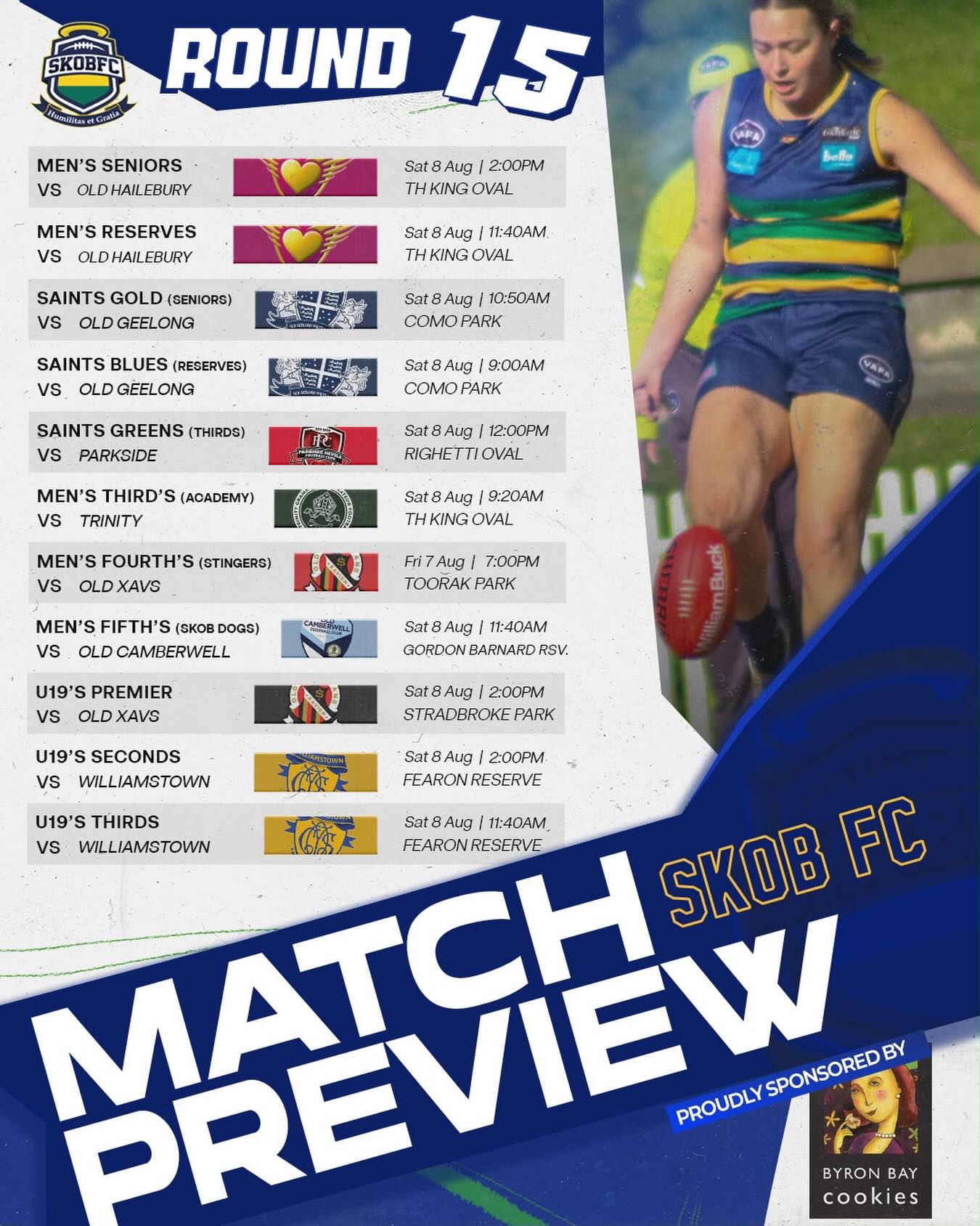 Round 15 fixture!!
Headlined by the Stingers ๐ and Friday night football under lights!!
Get down and support!
Proudly sponsored by @byronbaycookies
#goSKOB๐๐๐