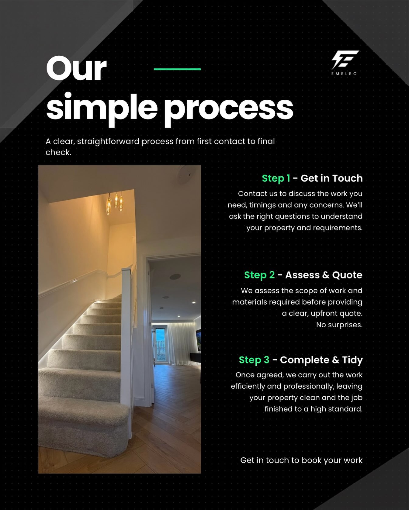 No confusion, no surprises. Just a clear process from first contact to finished job.
1. Get in touch
2. We assess and quote
3. We complete and tidy
Get in touch to book your work.