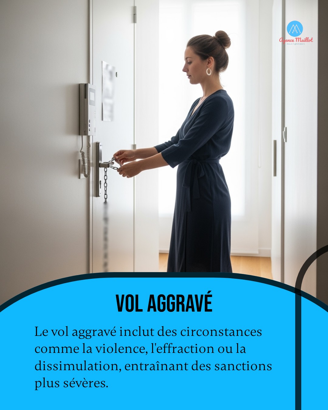 Imaginez rentrer chez vous et découvrir que votre maison a été visitée par un cambrioleur qui a forcé votre porte.
Ce scénario est un exemple typique de vol aggravé, caractérisé par l'effraction.
Pour éviter de telles situations, quelques gestes simples suffisent : verrouillez vos portes à double tour, ne laissez pas vos clés visibles, et installez un système d'alarme. En période d'absence, informez vos voisins et le commissariat local.
Protégez ce qui compte le plus. Restez vigilant et adoptez les bonnes pratiques pour rendre votre domicile moins vulnérable aux intrusions.
#VolAggravé #SécuritéDomicile #Prévention
#agencemaillot