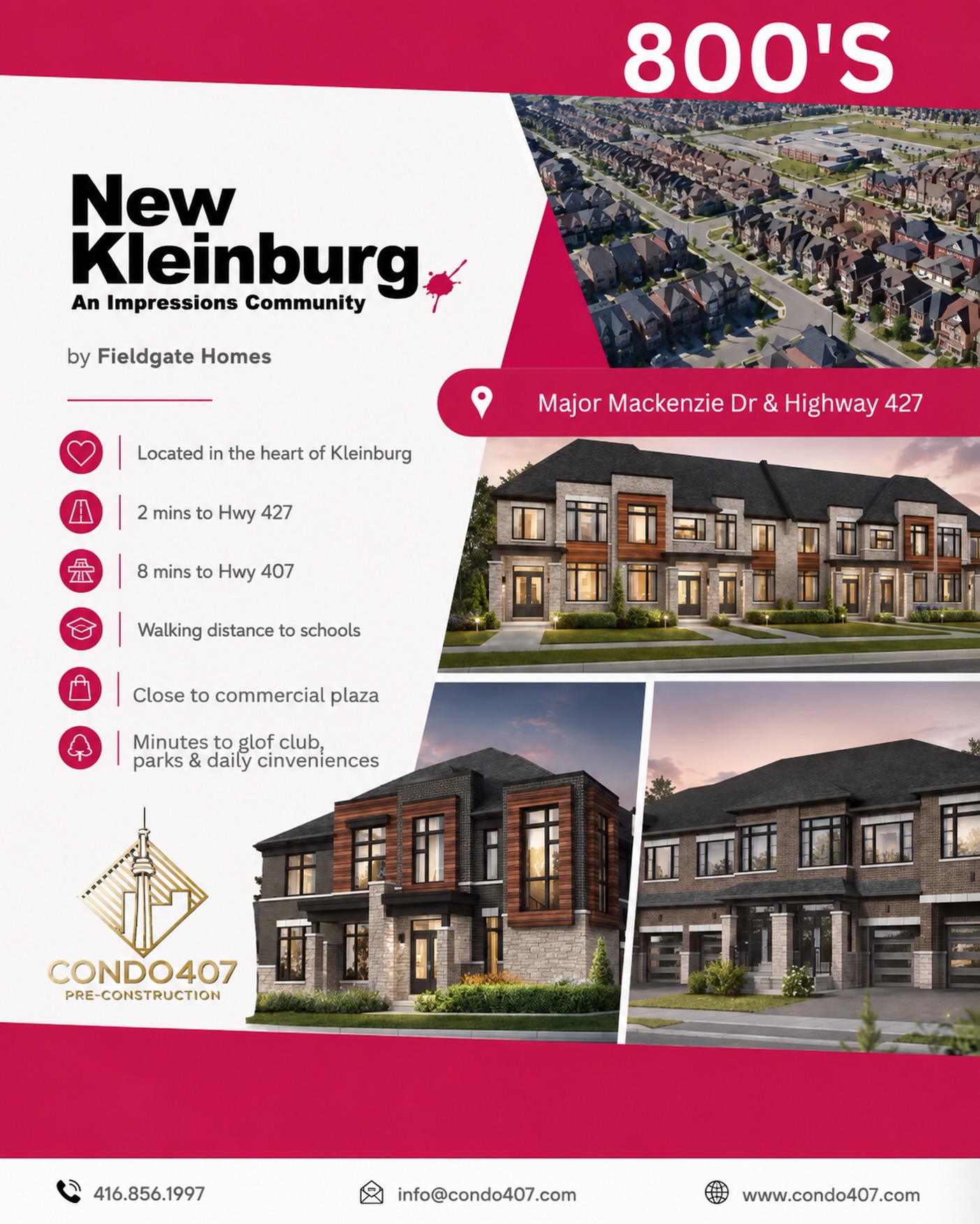 ✨ NEW KLEINBURG | NEW RELEASE IN VAUGHAN
New Kleinburg is preparing a new release within an established master-planned community near Major Mackenzie Dr & Hwy 427, Kleinburg.
The upcoming collection includes:
🏡 Freehold Townhomes
🏘 Semi-Detached Homes
🏠 30’ Detached Homes
💰 Starting from the $800s*
🚗 Approx. 2 minutes to Hwy 427
🚙 Approx. 8 minutes to Hwy 407
🏫 Schools within walking distance
🛍 Close to a new commercial plaza
🌿 Near Copper Creek Golf Club, parks and everyday amenities
With several low-rise housing types available, the community offers different options for households comparing space, layout and daily commuting needs in Vaughan.
Contact Condo407 for current pricing, floor plans and release information.
Condo407 Pre-Construction
☎️ 416.856.1997
📧 info@condo407.com
🌐 www.condo407.com
*Pricing, layouts, release details and availability are subject to change. Please refer to the developer’s official materials.
#NewKleinburg #KleinburgHomes #VaughanHomes #FreeholdTownhomes #Condo407