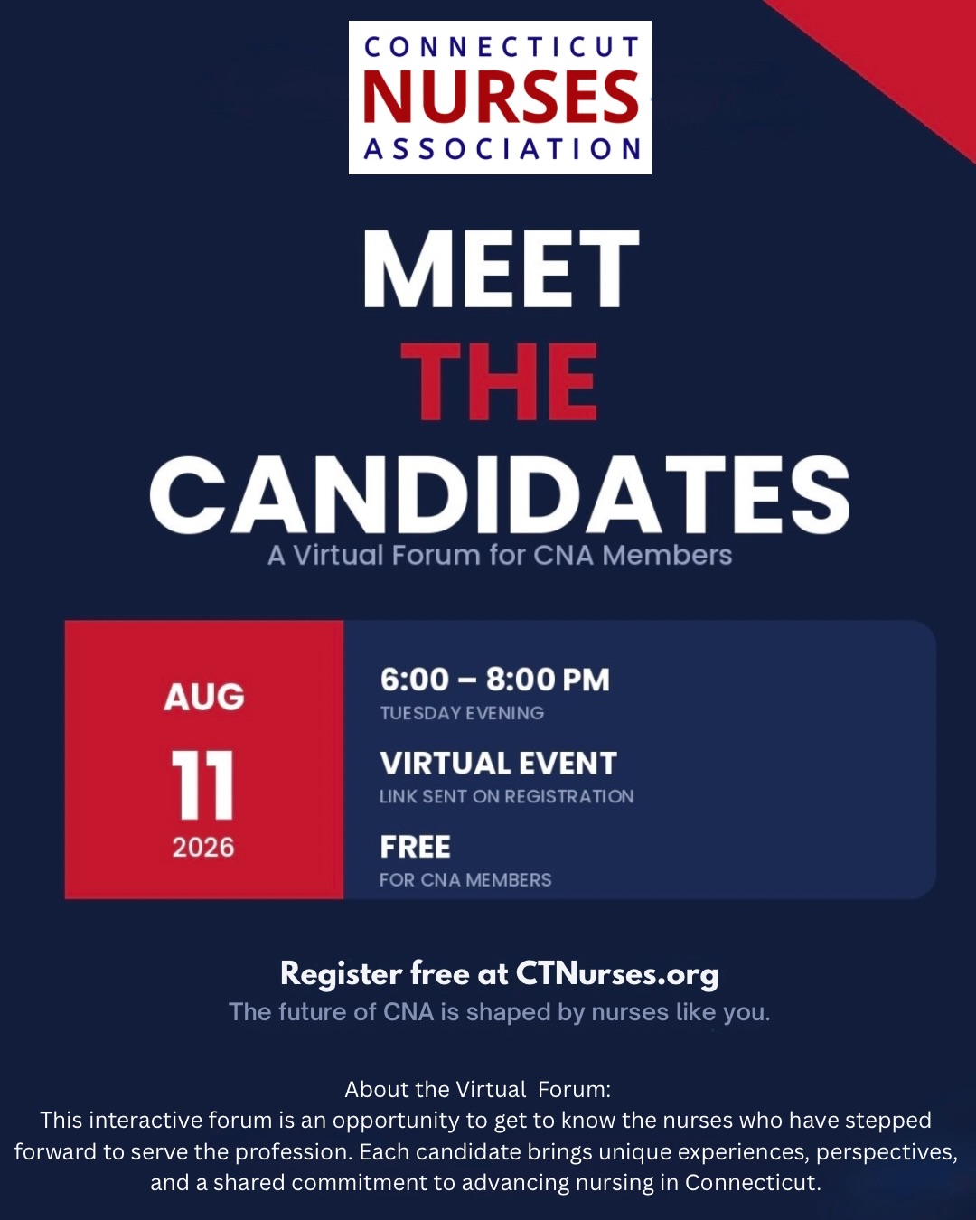 Meet the nurses shaping the future of your Association. š³ļø
Join us Tuesday, August 11 | 6ā8 PM | Virtual for Meet the Candidates ā an interactive forum where youāll hear directly from each candidate: why theyāre running, the experience they bring, and their vision for CNA.
This is your Association. Your vote decides who leads it.
š
Ballots open Aug 18
š
Ballots close Sept 22
Free for members. Link in bio to register ā we hope to see you there.
#CTNurses #CTNursesAssociation #NursesVote #NurseLeadership #meetthecandidates