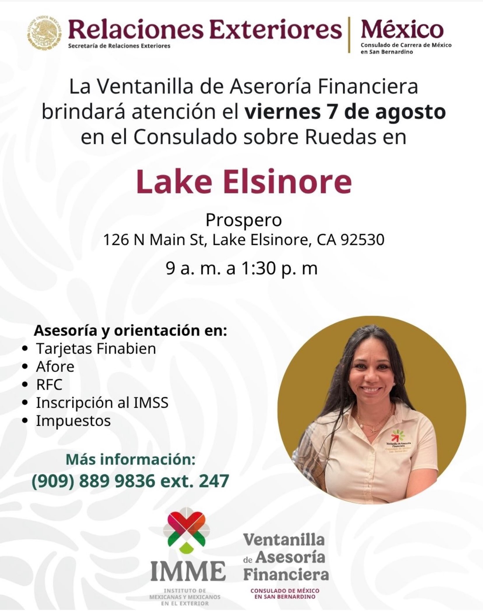 🚨 ¡La Tarjeta FINABIEN llega a Prospero! 🌱 ¡En Prospero seguimos trabajando de la mano con el Consulado de México para acercar más servicios a nuestra comunidad! 🇲🇽🤝
Muchos de ustedes nos han preguntado sobre la Tarjeta FINABIEN, y nos da mucho gusto compartirles que, en colaboración con el Consulado de México en San Bernardino, este viernes 7 de agosto tendremos la Ventanilla de Asesoría Financiera en nuestras oficinas.
✅ ¡No necesitas cita! Solo ven y recibe orientación completamente gratuita sobre:
💳 Tarjeta FINABIEN
💼 AFORE
🪪 RFC
🏥 Inscripción al IMSS
🧾 Impuestos
📍 Prospero
126 N. Main St.
Lake Elsinore, CA 92530
🕘 9:00 a.m. – 1:30 p.m.
En Prospero seguimos comprometidos con servir a nuestra comunidad y acercar recursos que realmente hacen la diferencia. ¡Los esperamos!