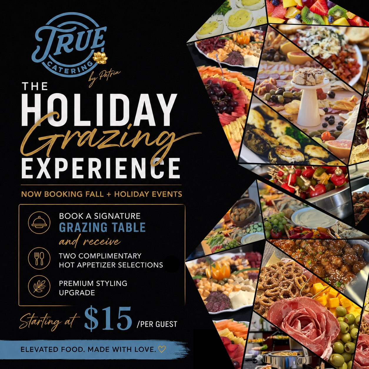 Holiday party planning season is here… yes, already. 👀
And if you’re the person responsible for making this year’s celebration feel a little more special, we’ve got something for you.
The Holiday Grazing Experience is officially here. ✨
For a limited time, book one of our Signature Grazing Tables and receive two complimentary hot appetizer selections + a premium styling upgrade.
Grazing tables start at $15 per guest, with beautiful, abundant spreads designed for your guests to graze, mingle and enjoy, and because presentation matters, we make sure the entire setup feels just as good as it tastes.
Perfect for corporate holiday parties, employee celebrations, client appreciation events & private gatherings.
Fall + Holiday 2026 dates are now booking.
And trust us, you do not want to be looking for a caterer two weeks before the company holiday party. 😂
Send us a message or submit an inquiry to get started. 💙
New qualifying bookings only. Minimums apply. Complimentary selections and quantities are based on event size and package.