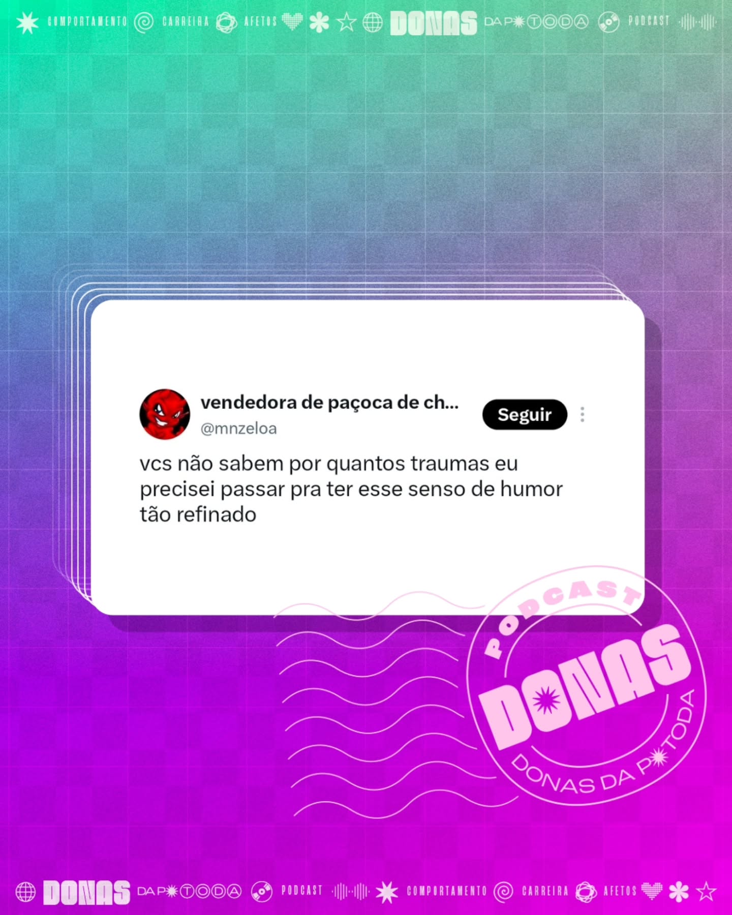 Segunda-feira, 10 de agosto de 2026. Prontas para mais uma semana e mais uma curadoria de tweets?
Nesta terça, tem episódio novo no ar. Aproveita para seguir o Donas e avaliar com 5 estrelas no Spotify e na Apple Podcasts.
Contribua com a nossa campanha de financiamento coletivo em apoia.se/donasdaptoda e receba conteúdos exclusivos, brindes e muito mais
#donasdaptoda #podcasts #mulherespodcasters