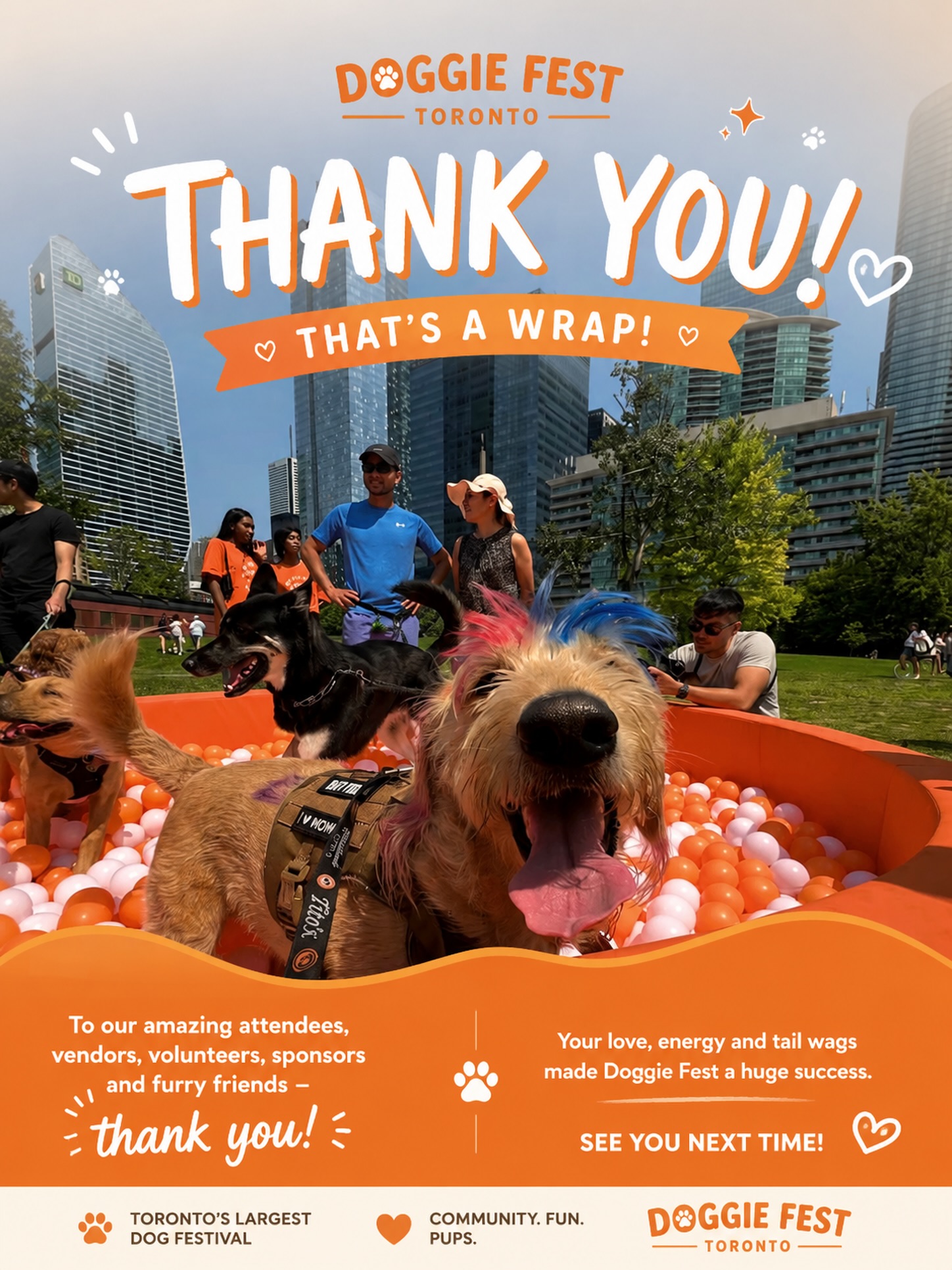 And that’s a wrap on Doggie Fest 2026! 🐶🧡🎉
A huge THANK YOU to everyone who made this day possible! our incredible staff, volunteers, vendors, sponsors, partners, and of course, all of our amazing guests! Your support, hard work, and energy brought Doggie Fest to life. 🐾
After having to postpone our original event in June, we’re so grateful that we finally got to celebrate together. Seeing so many furry friends enjoying the day made it all worth the wait! 🥹🐕 We hope everyone had an amazing time and made some wonderful memories with us.
And we’re not done just yet! 👀🐾 Doggie Fest will be hosting the Doggie Zone at @feastie.to on August 22! More furry fun is coming, so stay tuned for details!
Thank you, Toronto, for another unforgettable Doggie Fest. 🧡Until next time! 🐶🐾