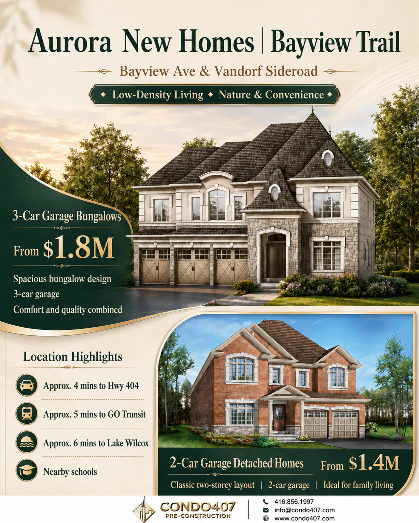 🏡 AURORA BAYVIEW TRAIL | DETACHED HOMES
📍 Bayview Ave & Vandorf Sideroad, Aurora
💰 2-Car Garage Detached Homes: From $1.4M*
🏠 3-Car Garage Bungalows: From $1.8M*
🌿 Low-density residential setting with surrounding green space
🚗 Approx. 4 minutes to Highway 404
🚆 Approx. 5 minutes to GO Transit
🌊 Approx. 6 minutes to Lake Wilcox
🏫 Close to schools and everyday community amenities
Bayview Trail offers detached-home options for households comparing larger garage capacity, additional living space and a quieter residential setting in Aurora.
The 3-car garage bungalow collection is especially notable for buyers who prefer main-floor-focused living while still wanting generous family space and practical garage capacity.
Contact Condo407 for current pricing, floor plans and available home information.
Condo407 Pre-Construction
☎️ 416.856.1997
📧 info@condo407.com
🌐 www.condo407.com
#AuroraHomes #BayviewTrail #AuroraRealEstate #DetachedHomes #Condo407