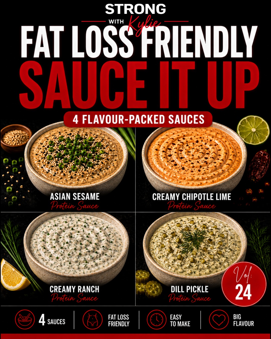 YOUR FOOD ISN’T BORING… IT JUST NEEDS BETTER SAUCE. 🌶️🔥
Eating for fat loss does not mean eating dry chicken, plain rice and sad salads every day. 😂
Sometimes the difference between a meal you have to eat and one you actually look forward to eating is the sauce.
That’s exactly why I created Vol. 24 — SAUCE IT UP ❤️
Inside you’ll find 4 easy, flavour-packed, fat-loss friendly sauces:
🥢 Asian Sesame Protein Sauce
🌶️ Creamy Chipotle Lime Sauce
🌿 Creamy Ranch Protein Sauce
🥒 Dill Pickle Protein Sauce
They’re mostly Greek yoghurt-based, easy to make and designed to give you all the creamy, delicious flavour without unnecessarily blowing out your calories.
Perfect for chicken, rice bowls, tacos, wraps, burgers, potatoes, salads, noodles, veggies and meal prep.
Because staying on track gets a whole lot easier when you actually enjoy the food you’re eating.
📚 Volume 24 — Sauce It Up
Part of the Strong with Kylie Meal Plan Collection
📥 Download your FREE copy through the link in my bio.
👇 Comment “MEAL PLAN” below and I’ll send you the link!
#StrongWithKylie #FatLossRecipes #MacroFriendly #HealthySauces #MealPrepIdeas #HealthyRecipes #HighProteinMeals #FatLossMeals #EasyRecipes #MealPrep