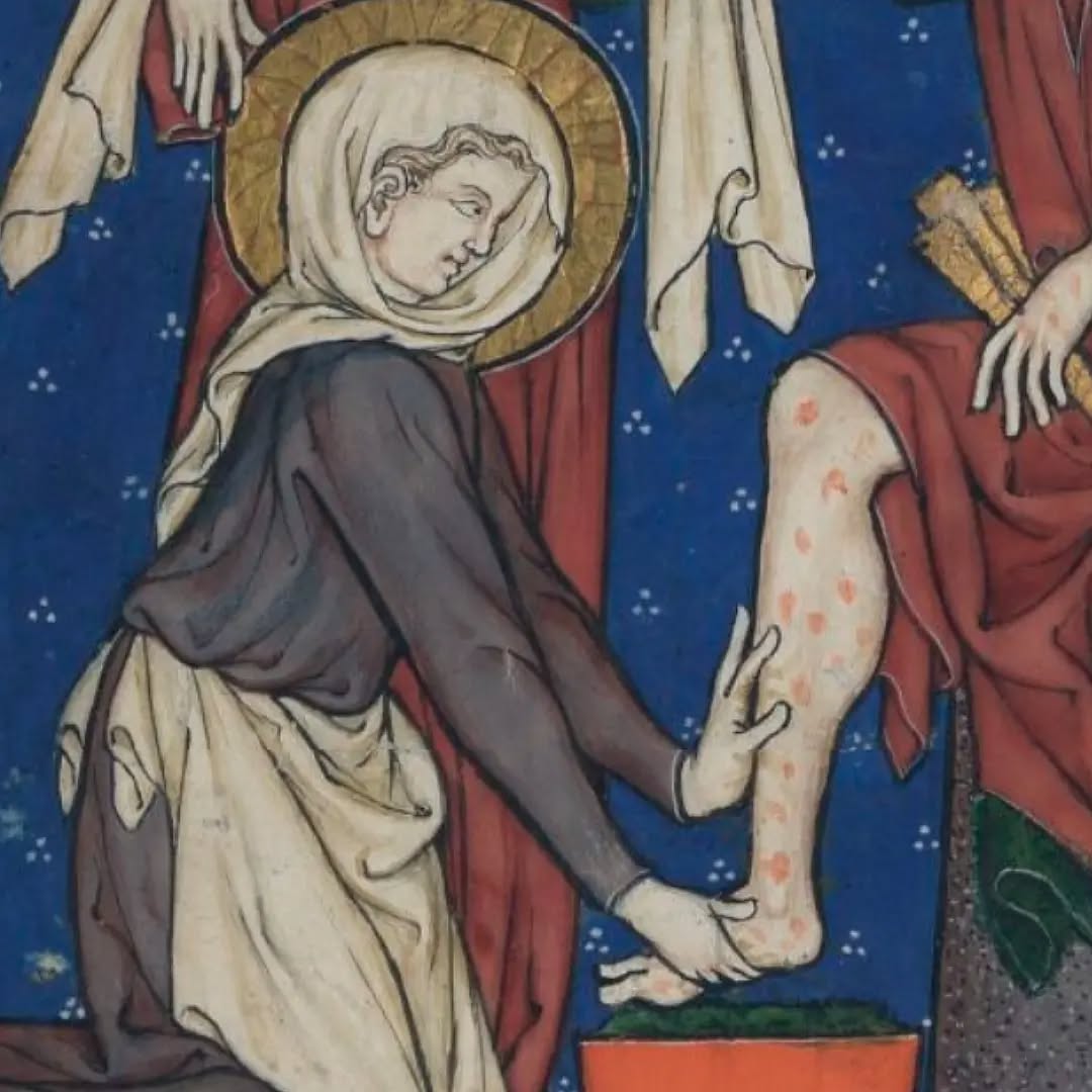 Sainte Elisabeth de Thuringe et une servante soignant des lépreux dans Le Livre d'images de Madame Marie, v. 1280-1290. Paris, BnF, Nouvelle acquisition française 16251. #medievalmanuscript #medievalart #medieval