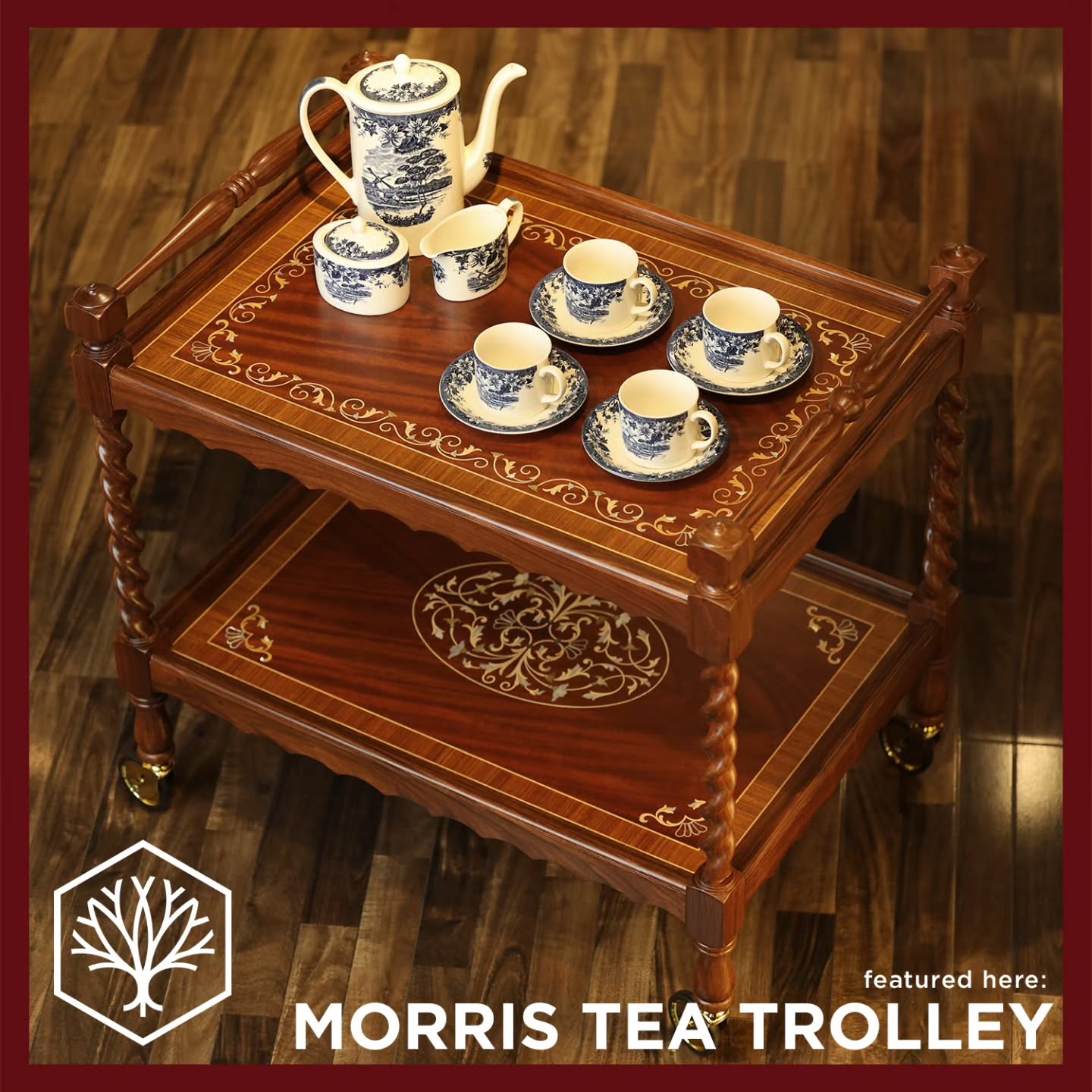 The Morris Tea Trolley, a masterclass in timeless entertaining. Crafted with Swirl Mahogany and adorned with intricate floral wood inlays, delicate mother-of-pearl highlights catch the light with every pour. Finished with classic barley-twist columns, it turns everyday tea into a refined ritual.