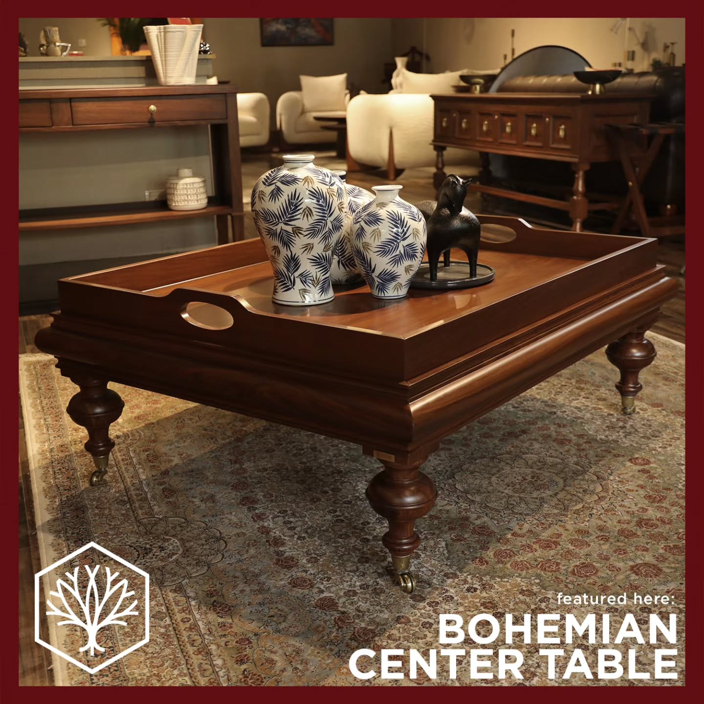 Grand scale meets timeless utility. Featuring a deep, gallery-tray top set atop richly moulded edges and turned baluster legs, the Bohemian Center Table anchors the room with effortless poise and vintage charm.