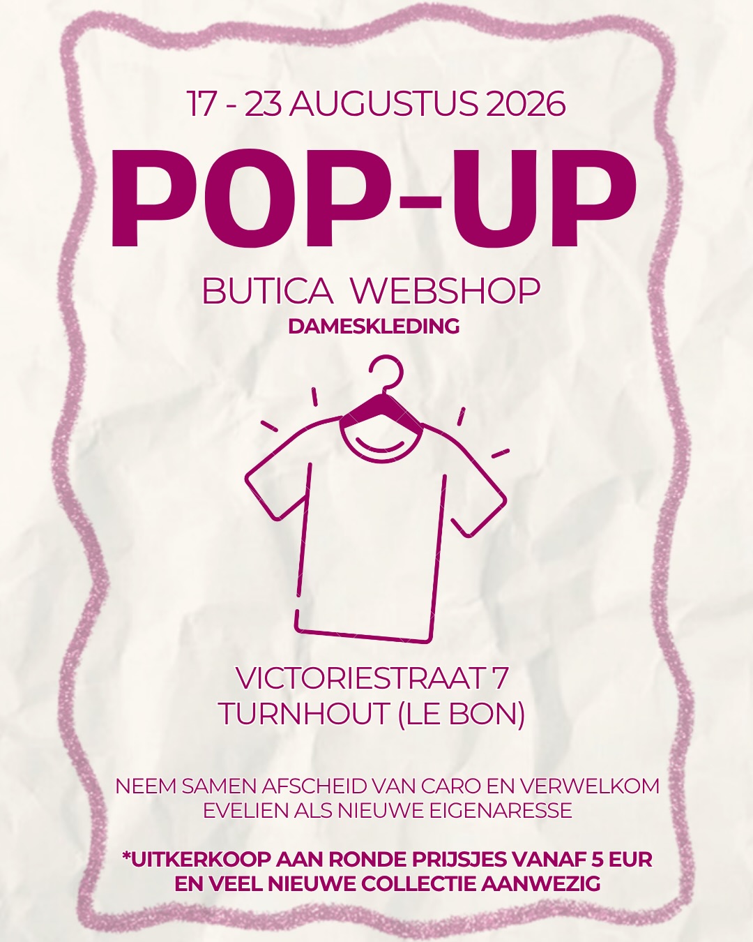 ✨ IT’S HAPPENING! ✨
*Lees verder voor WINACTIE
De countdown is begonnen! 💖 In deze post vind je alle info over onze feestelijke pop-up: de openingsuren, locatie en de Late Night Shopping op donderdag. 🛍️
We maken er een onvergetelijke week van, want het is tijd om afscheid te nemen van Caro en een nieuw hoofdstuk met Evelien te verwelkomen. 💕
🩷 MEGA UITVERKOOP
de volledige collectie van de afgelopen 3 jaar gaat de deur uit aan ronde prijsjes vanaf slechts €5!!
⚠️ Deze uitverkoop is exclusief verkrijgbaar tijdens de pop-up. Alles hangt meteen uit, wordt niet meer aangevuld en... op = echt op! Dus wees er snel bij. 👀
✨ En alsof dat nog niet genoeg is...Evelien stelt tijdens de pop-up voor het eerst haar gloednieuwe collectie aan jullie voor! 🤍 ps: je kan al enkele stuks vinden in deze post 🤪
Het wordt een week vol gezelligheid, shoppen, bubbels en mooie herinneringen. Dit wil je echt niet missen! 🥂
🎁 WINACTIE
Wil jij kans maken op een shop budget van €75 (te spenderen tijdens de pop-up)?
✔️ Like deze post.
✔️ Tag hieronder één of meerdere besties die volgens jou zeker moeten langskomen tijdens deze feestelijke pop-up. 💕
Hoe meer reacties met verschillende vrienden, hoe meer kans!
Wij kunnen niet wachten om jullie allemaal te zien! 🤍
Liefst Caro en Evelien 💞