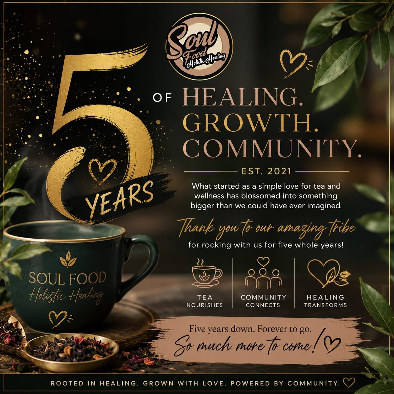 Wait… Soul Food Holistic Healing turns FIVE today. 🥹💚
And would y’all believe I completely forgot?! 😭
Not because this milestone isn’t important, but because somewhere between building, growing, creating, pivoting, learning, surviving, expanding, and figuring out what’s next… August 13th snuck right up on me.
Five years ago, Soul Food Holistic Healing was an idea rooted in tea, wellness, and wanting to create something that felt different. I could not have fully imagined everything this little tea business would grow into.
And whew… these five years have been a JOURNEY.
There have been beautiful moments and hard ones. Wins that made me want to shout from the rooftops and lessons that humbled me. There were moments when I knew exactly where we were going and others when I was figuring it out one day at a time.
But through all of it, we kept going.
We grew.
We evolved.
We took chances.
We made mistakes.
We learned.
And somehow, five years later… we’re still here. 💚
And that “we” includes YOU.
To our tribe—the people who bought a bag of tea when tea was all we had. The ones who told a friend, shared a post, placed another order, showed up at a market, came to an event, tried something new simply because we made it, encouraged us, prayed for us, and continued rocking with us as this brand grew and changed…
THANK YOU.
Some of y’all have literally watched Soul Food grow up. 🥹
You knew us before the tea bar. Before the café. Before all the new menu items, experiences, classes, mocktails, and everything else we’ve dreamed up along the way.
And no matter how much we grow, I never want to forget where we started.
With tea. With healing. With community. With y’all.
Five years down, and there is still so much more to come.
Happy 5th Birthday to Soul Food Holistic Healing. 🎉💚
And to our tribe: thank you for rocking with this little dream for FIVE whole years.
We wouldn’t still be here without you.
Cheers to Chapter 5. 🥂🫖
Baby… look what we built. 💚