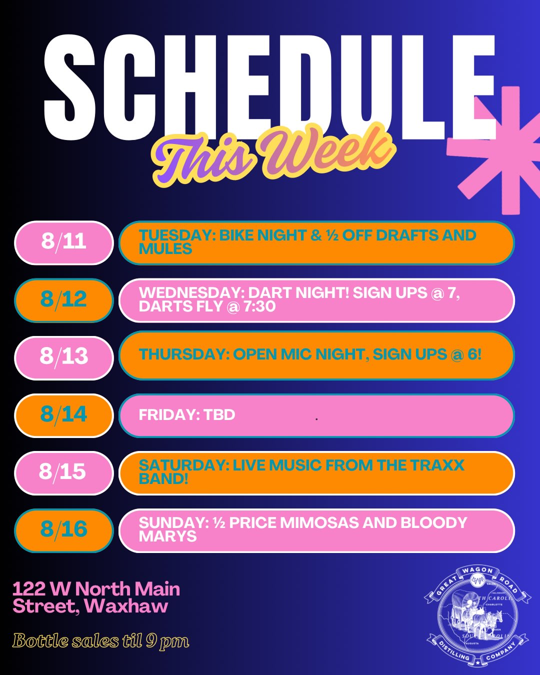 GWR’s schedule this week! Can’t wait to have you join us for our fun events! 🎶🍻🥃🍸🍷🎤