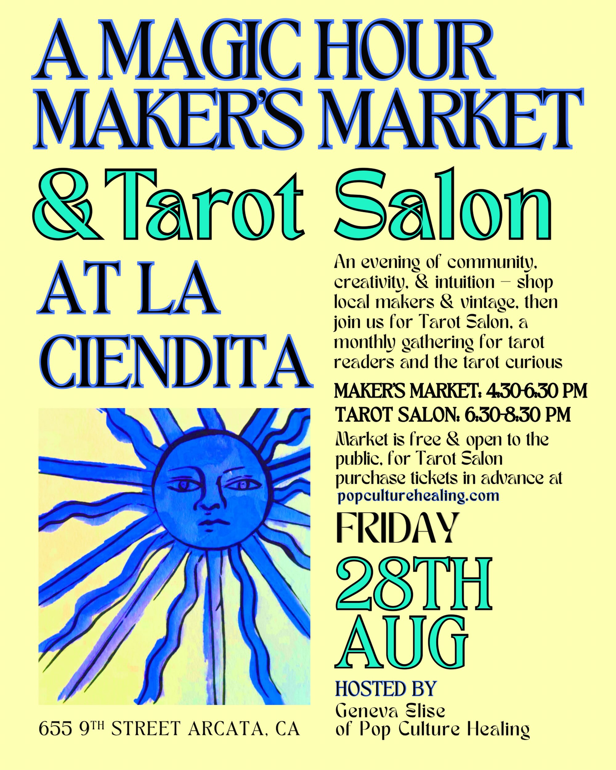 A very special Magic Market + Tarot Salon is coming to La Ciendita on Friday, August 28th!
Join us in the lovely courtyard from 4:30–6:30 PM for vintage finds and locally made treasures. The market is open to all!
Then, from 6:30–8:30 PM, Tarot Salon begins—with just 10 spaces available. Reserve your Salon ticket in advance before they sell out! Tickets are available at popculturehealing.com.
Can’t wait to see you at La Ciendita! ✨
#HumboldtCounty #ArcataCA #TarotSalon #PopupMarket #HumboldtEvents