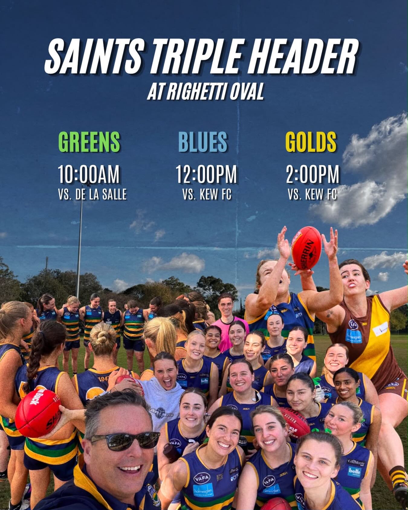 A massive Saints triple header awaits this weekend at Righetti Oval!!
See all of our womenโs teams in action, Greens kicking things off at 10am, followed by the Blues at 12pm and Golds from 2pm!
Get down and support our Saints!!
#goSKOB๐๐๐
