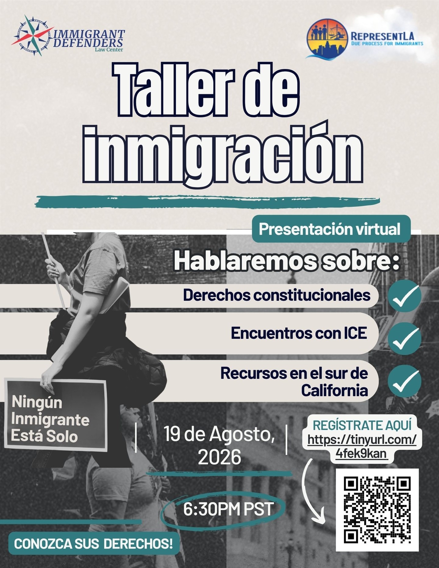 ”Nuestros seminarios web #KnowYourRights (Conoce tus derechos) regresa para el mes de agosto! Sin importar tu estatus migratorio, tu tienes derechos.
En colaboración con nuestros socios de #RepresentLA, te explicaremos cuÔles son tus derechos, cómo ejercerlos y qué hacer si te enfrentas en una situación con ICE. También compartiremos recursos disponibles en todo el sur de California.
š
AcompƔƱanos el jueves 19 de agosto a las 6:30 p. m. (hora del PacĆfico).
š RegĆstrate aquĆ: https://tinyurl.com/4fek9kan
Ćnete a nosotros para mantenerte informado, preparado y empoderado.
ā¦
Our #KnowYourRights webinars return for the month of August! No matter what your immigration status is, you have rights.
In collaboration with our partners at #RepresentLA, we will walk you through your rights, how you can exercise them, and what to do if you ever face an encounter with ICE. We will also share resources that are available across Southern California.
š
Join us on Thursday 8/20 at 6:30 pm PT.
šRegister Here: https://tinyurl.com/3k4mv2rh
Join us to stay informed, prepared, and empowered.
#KnowYourRight #KYRResources #SoCalKYRResources #KYRWebinars #ConozcaSusDerechos #RecursosDeInmigración