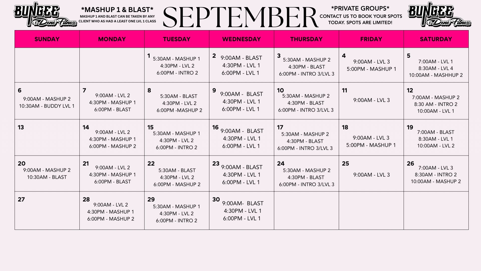 ✨September is LIVE✨
With fall around the corner it gets a little busier in the studio so book your classes ahead of time to secure a spot! 🍂
With our app you have the capability to book for a guest so be sure to let your friends know about bungee and bring them along for the fun! 👩🏼🐰👩🏽
We can’t wait to see you in the studio this September!! 🩷