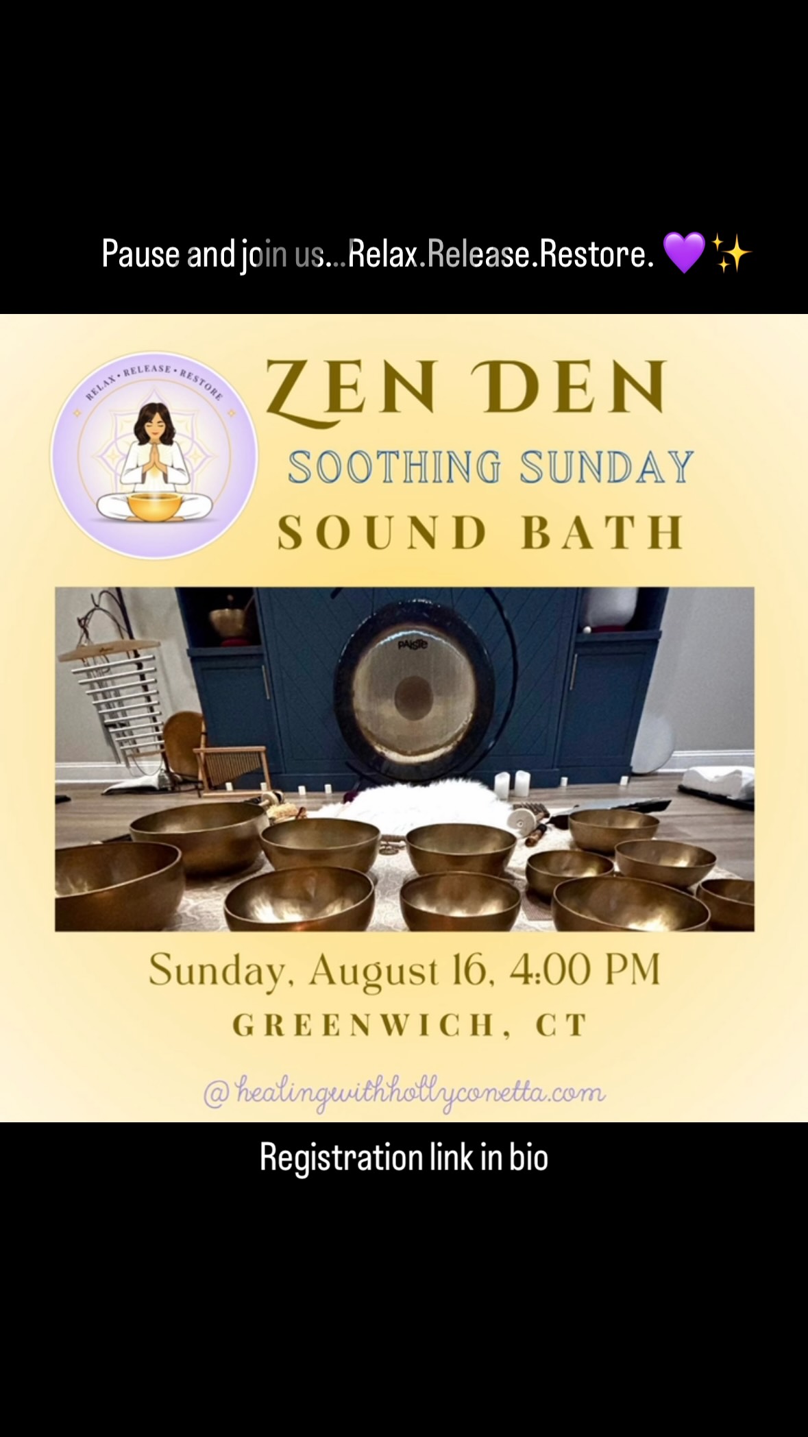 Join me tomorrow in my Zen Den for a Soothing Sunday Sound Bath, an invitation to slow down, reconnect and allow the healing vibrations of sound to gently clear what feels heavy or stagnant.
Soften and release what you no longer need to carry, to create space for renewal and expansion. Return to the present moment and to the heart-centered peaceful state of well-being
Come-Relax. Release. Restore😌💜✨✨✨ #soundbath #greenwichct #greenwichwellness #relaxandunwind #healingwithhollyconetta