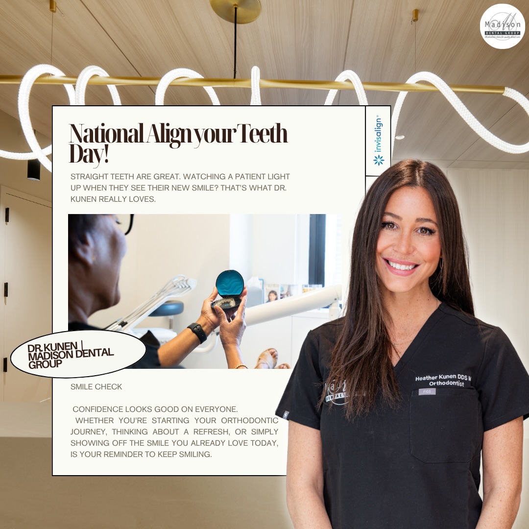 Happy National Align Your Teeth Day! 🦷✨
There’s nothing Dr. Kunen loves more than watching a patient see their new smile for the very first time. Whether you’re thinking about starting your orthodontic journey, considering a little refresh, or already love the smile you have, today is your reminder that a confident smile is always worth celebrating.
And yes, Dr. Kunen will always be your biggest smile cheerleader. 🤍
#NationalAlignYourTeethDay #MadisonDentalGroup #Orthodontics #Invisalign #NYCDentist