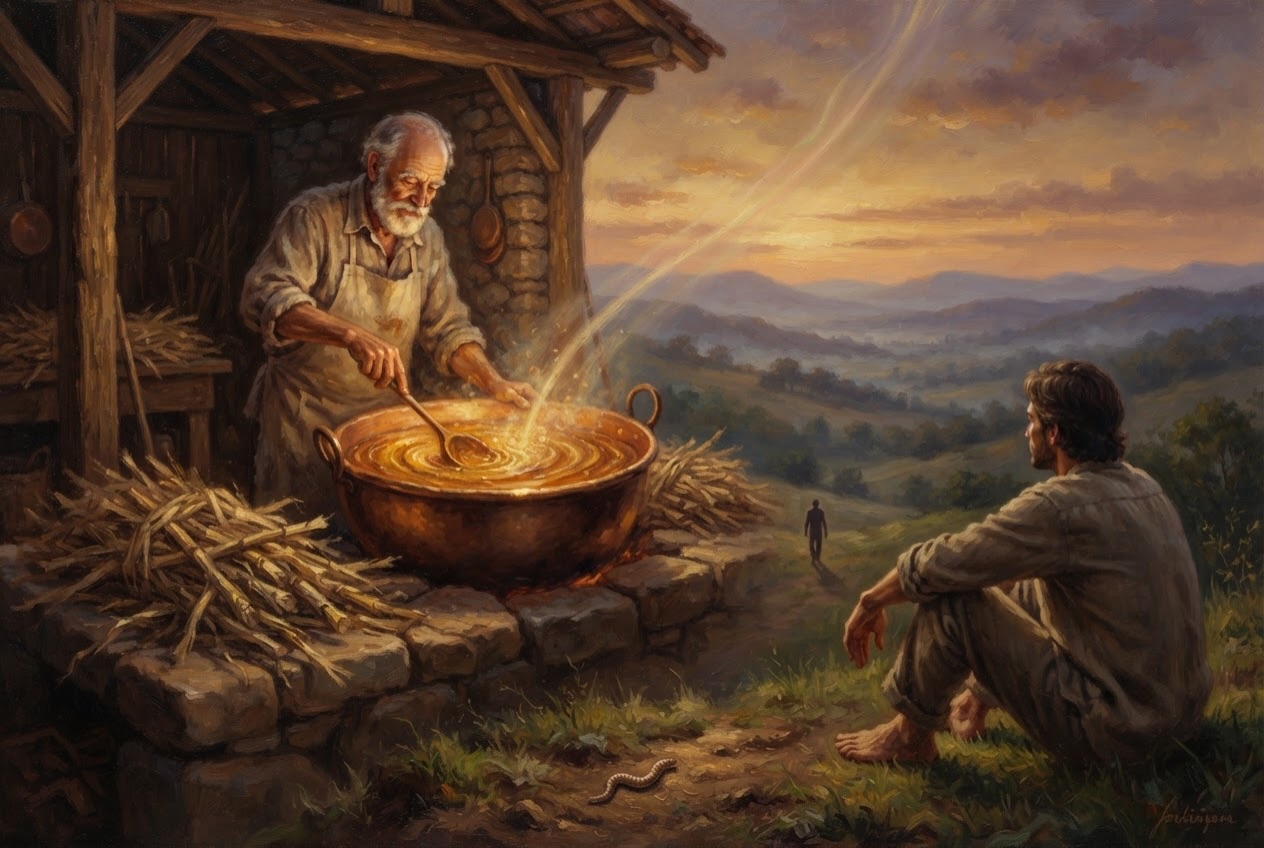 Deus, que é doceiro antigo,
não separa o mel do bagaço.
Tudo vai pro mesmo tacho,
tudo vira doce um dia.
E eu, que já vivi meus tantos,
sento na beira da tarde
e olho o mundo sem pressa.
Sei que ninguém se perde:
o verme, o homem, o sonho,
tudo encontra seu lugar
na hora certa.
#poesia #poesiabrasileira #trabalhoautoral
#arteempalavras #poem