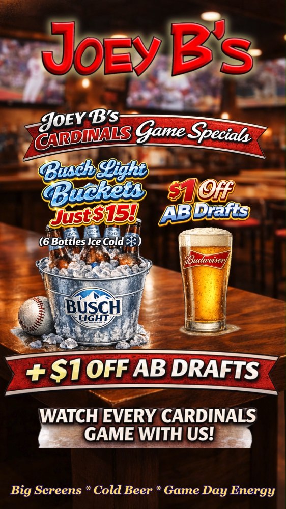 ⚾ CARDINALS GAME DAY SPECIALS ⚾
$15 Busch Light Buckets
$1 OFF AB Drafts
That’s all game long 🔥
Pull up grab a bucket and enjoy every inning with us 🍻
#STLDeals #CardinalsBaseball #joeybs #stlsportsbar #wings #bucketspecials