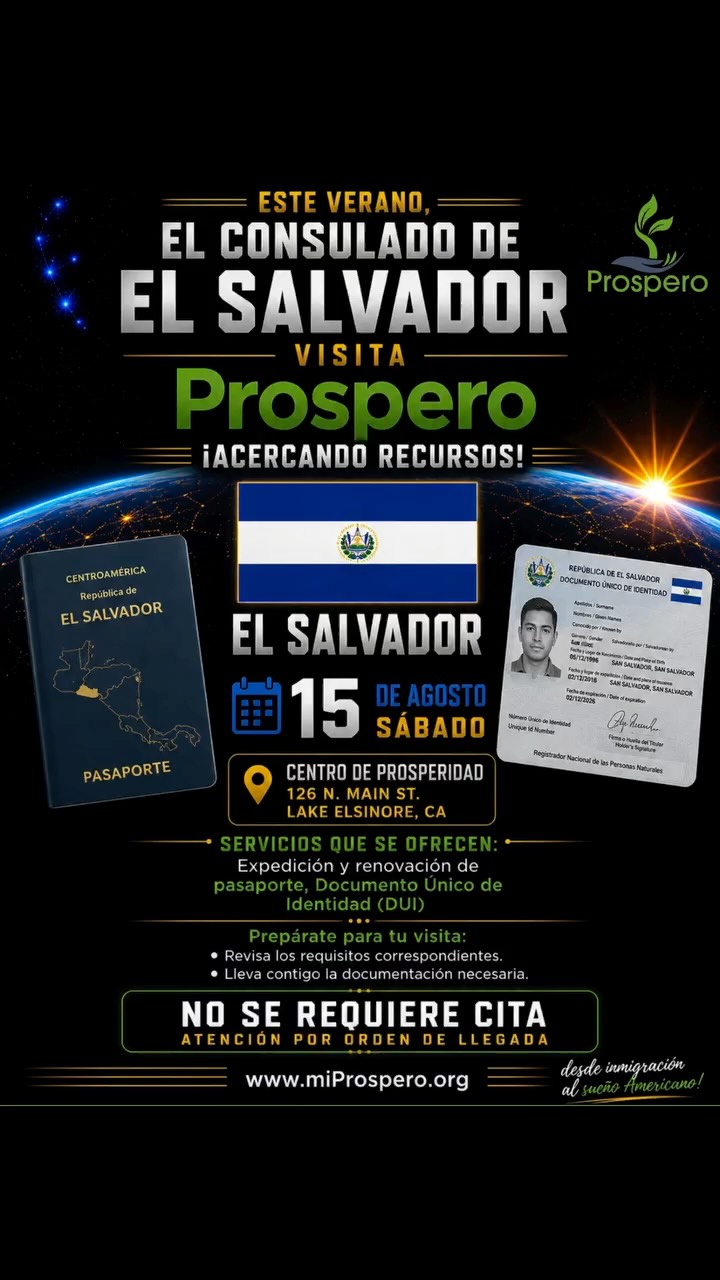 🇸🇻 El Consulado de El Salvador llega a Lake Elsinore en Prospero
Por primera vez, el Consulado de El Salvador estará en Prospero – Centro de Prosperidad para acercar sus servicios a nuestra comunidad.
📅 Sábado, 15 de agosto
⏰ 8:00 AM – 2:00 PM
📍 126 N. Main St., Lake Elsinore, CA
✅ Pasaportes
✅ DUI
✅ No se requiere cita
👉 Atención por orden de llegada
Comparte este video con familiares y amigos que puedan necesitar estos servicios.