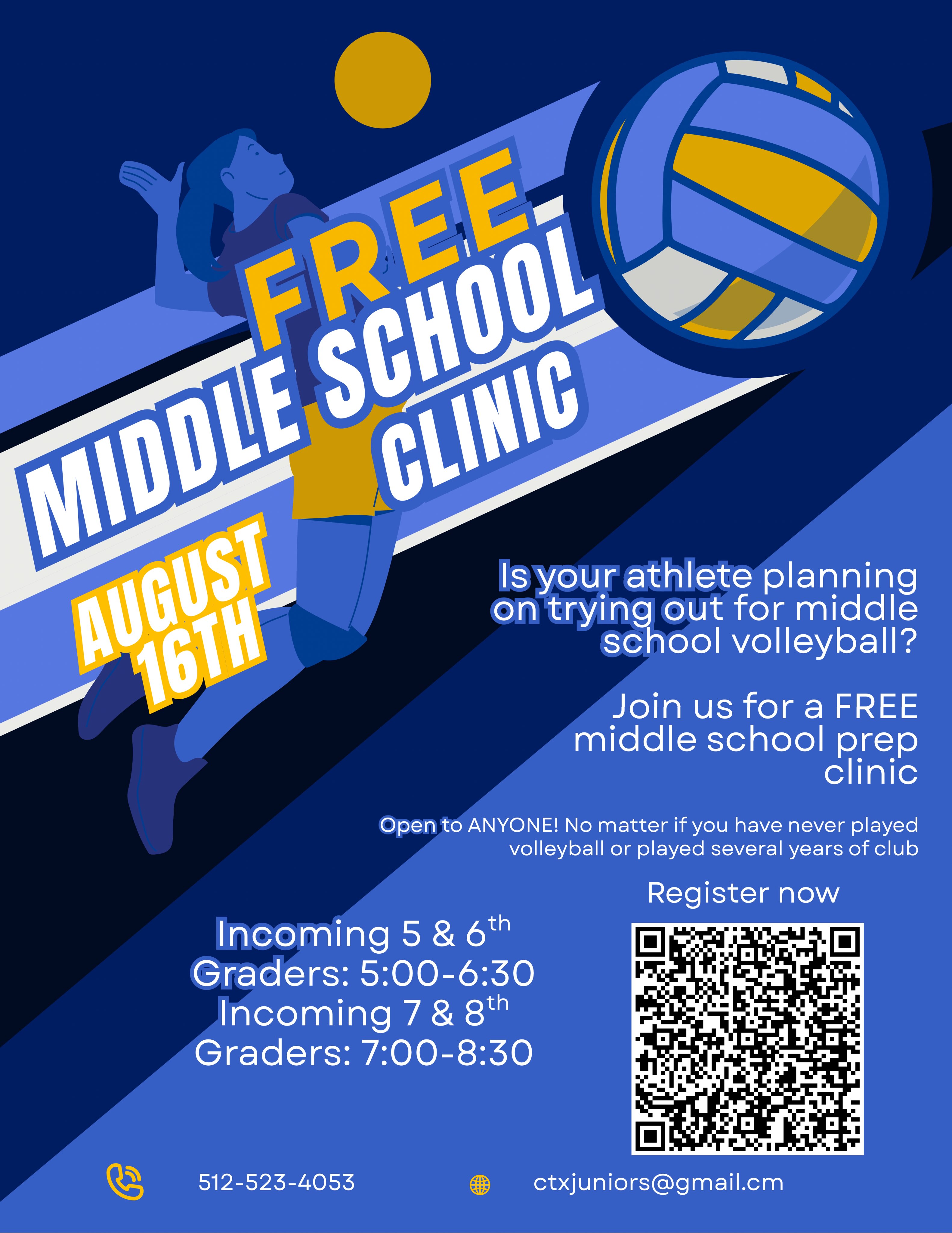 🏐 FREE Middle School Prep Clinic! 💙💛
Is your athlete getting ready to try out for middle school volleyball? 👀🏐
Join CTX Juniors for a FREE Middle School Prep Clinic on August 16th! 🎉
Whether they’ve never played volleyball before or have several years of club experience, EVERYONE is welcome! 🙌
📍 CTX Fieldhouse
🗓️ August 16th
🏐 Incoming 5th & 6th Grade: 5:00–6:30 PM
🏐 Incoming 7th & 8th Grade: 7:00–8:30 PM
✨ Get reps. Build confidence. Get ready for tryouts!
Spots are limited — register now!
📲 Scan the QR code or contact us at 512-523-4053
📧 ctxjuniors@gmail.com
Tag a parent who needs to know! 👇🏐
#CTXJuniors #MiddleSchoolVolleyball #VolleyballTryouts #YouthVolleyball #TexasVolleyball