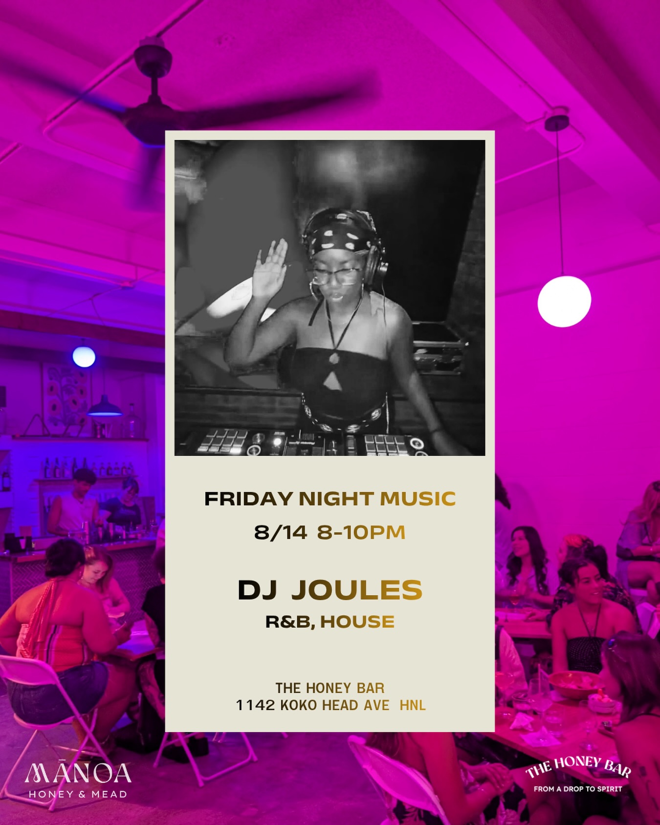 🎶 FRIDAY NIGHTS HIT DIFFERENT AT THE HONEY BAR 🍯✨
We’re turning up the vibes with @joulesthadj_ on Friday, 8/14 from 8–10PM! 🎧
Expect smooth R&B + House, good energy, great company, and plenty of mead to keep the night flowing. 🍯🥂
📍 The Honey Bar
1142 Koko Head Ave, HNL
🗓️ Friday, August 14
⏰ 8–10PM
Come sip, vibe, and let DJ Joules set the mood. 💜
#TheHoneyBar #DJJoules #FridayNightMusic #RAndB #HouseMusic HonoluluNightlife HonoluluEvents Mead ManoaHoneyAndMead HNL