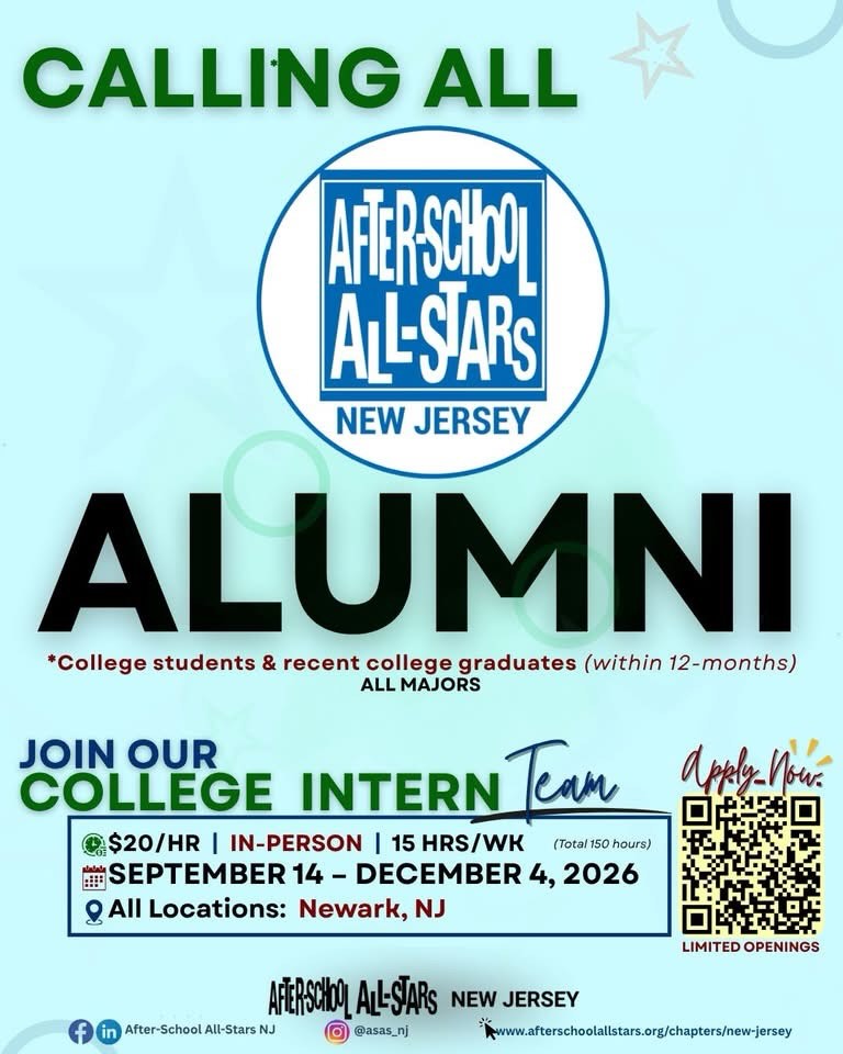 We’re hiring COLLEGE INTERNS! 🌟
Open to all ASAS NJ alumni or community members:
⋆ Current college students
⋆ Recent grads (within 12 months)
Let your next chapter help create powerful experiences for youth.
📍In-person (NEWARK, NJ)
⏱️15 hrs/week minimum (total 150)
🗓️Sept. 14, 2026 – Dec. 4, 2026
💵$20/hr
APPLY BY 8.20.2026
https://afterschoolallstars.org/chapters/new-jersey
Limited spots.
LINK IN BIO