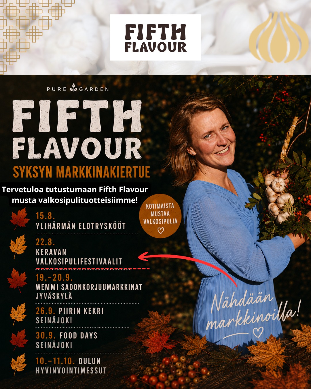 Perinteiset valkosipulifestiivaalit keravalla järjestetään lauantaina 22.8.2026 klo 9.00 - 18.00!😍 🧄 🖤
📍 Paikka: Keravan kävelykatu Kauppakaari ja sen ympäristö
Tule mukaan!❤️