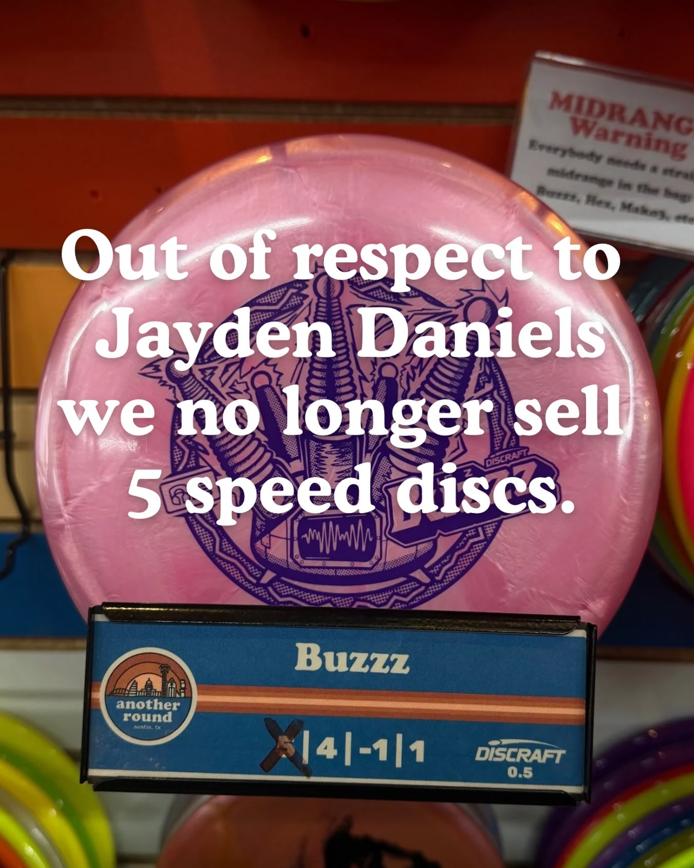 After a long internal discussion, we’ve decided the best course of action is to cease and desist the sale of any “5 speed” discs. All formerly “5 speed” discs will be 10% off this Saturday and Sunday (8/15 & 8/16). Please direct any further questions to the LSU athletic department. #discgolf