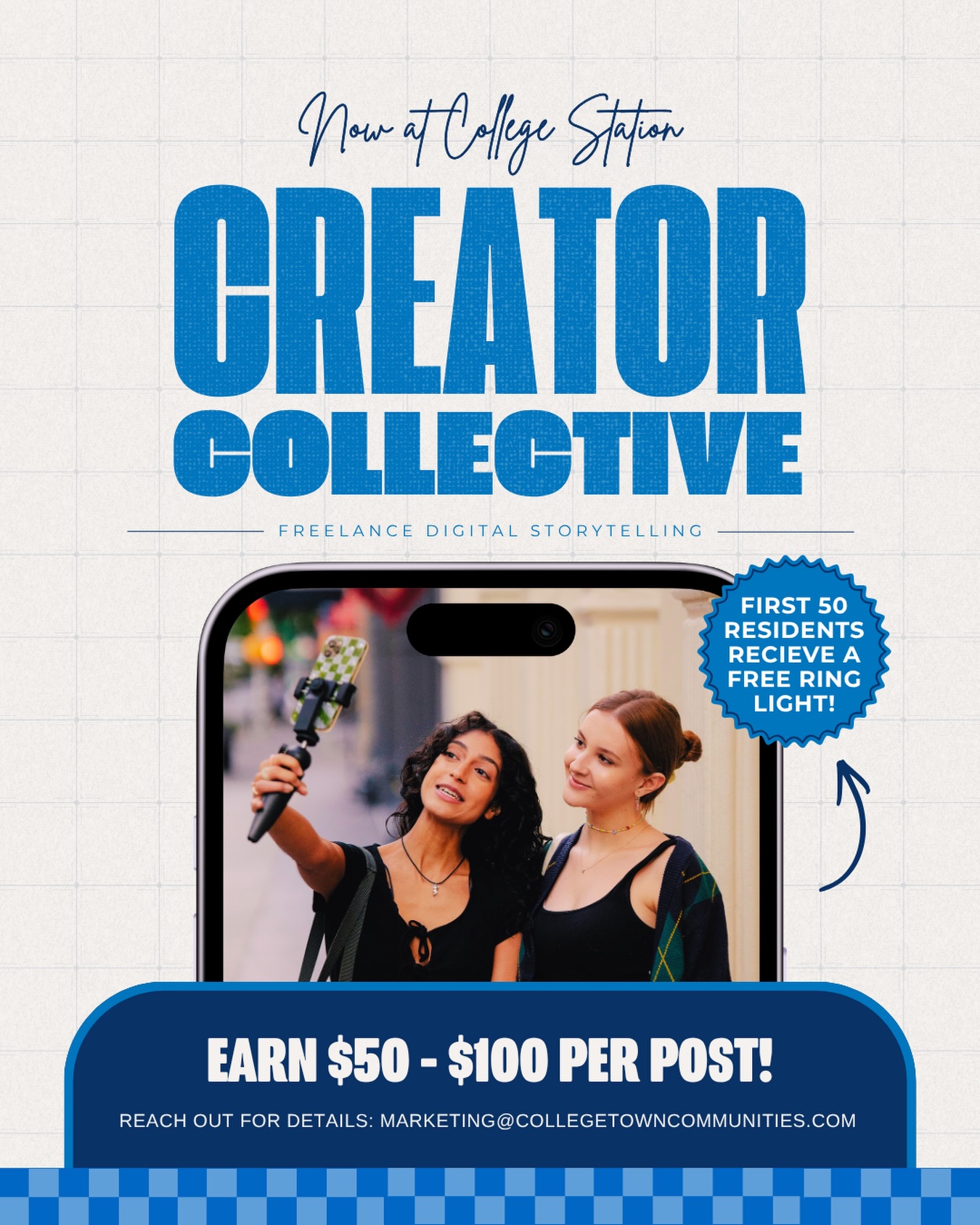 🚨 BIG NEWS! 🚨
We are officially launching the Creator Collective—and we’re looking for you to be the face of our community! 📸✨
If you’re a resident who loves capturing everyday life, aesthetic moments, or fun campus vibes, this is your chance to get paid for doing what you already do best.
Here’s how it works:
💰 $50 Amazon Gift Card every time we feature your content.
🔥 +$100 Bonus if your post hits our engagement milestone!
📧 How to apply: Email us at marketing@collegetowncommunities.com to get started!
#CollegeTownCommunities #CreatorCollective #MajorAnnouncement #ResidentCreators #StudentLife