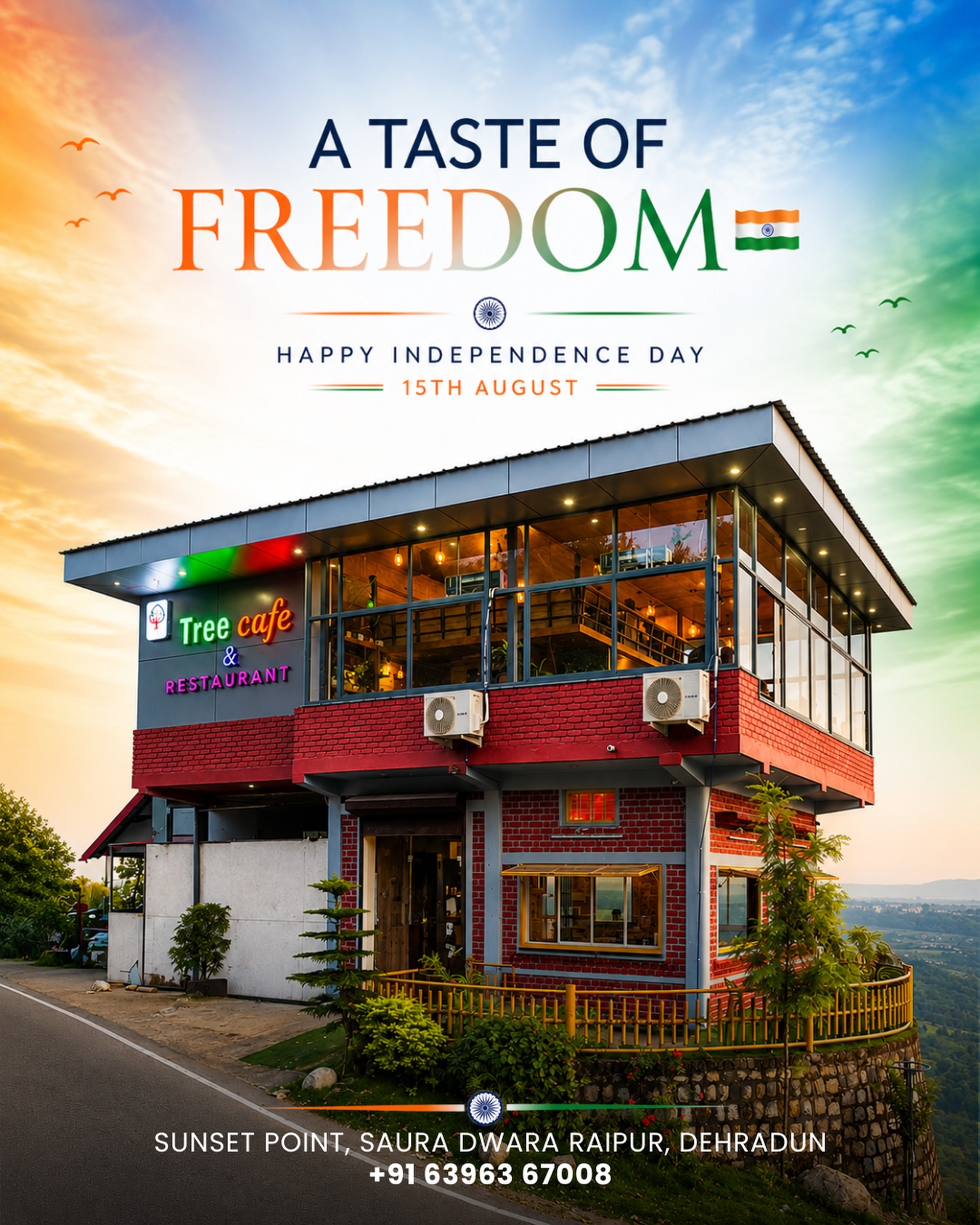 This Independence Day, treat yourself to a culinary escape. Enjoy stunning sunset views paired with your favorite dishes. Bring your friends and family over to Tree Cafe & Restaurant to celebrate the spirit of freedom.
#treecaferestaurant #indepenceday #15thaugust