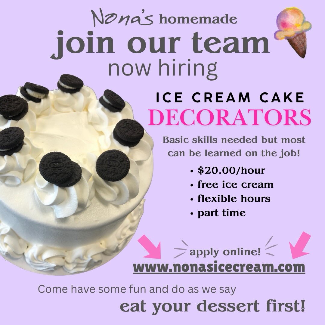 We’re hiring! 🍦
Ice Cream Makers + Cake Decorators — join the Nona’s team!
Free ice cream. Flexible hours.
Apply online at nonasicecream.com! And stop by our new Hingham location Thursday, Aug 20th, 9am–12pm