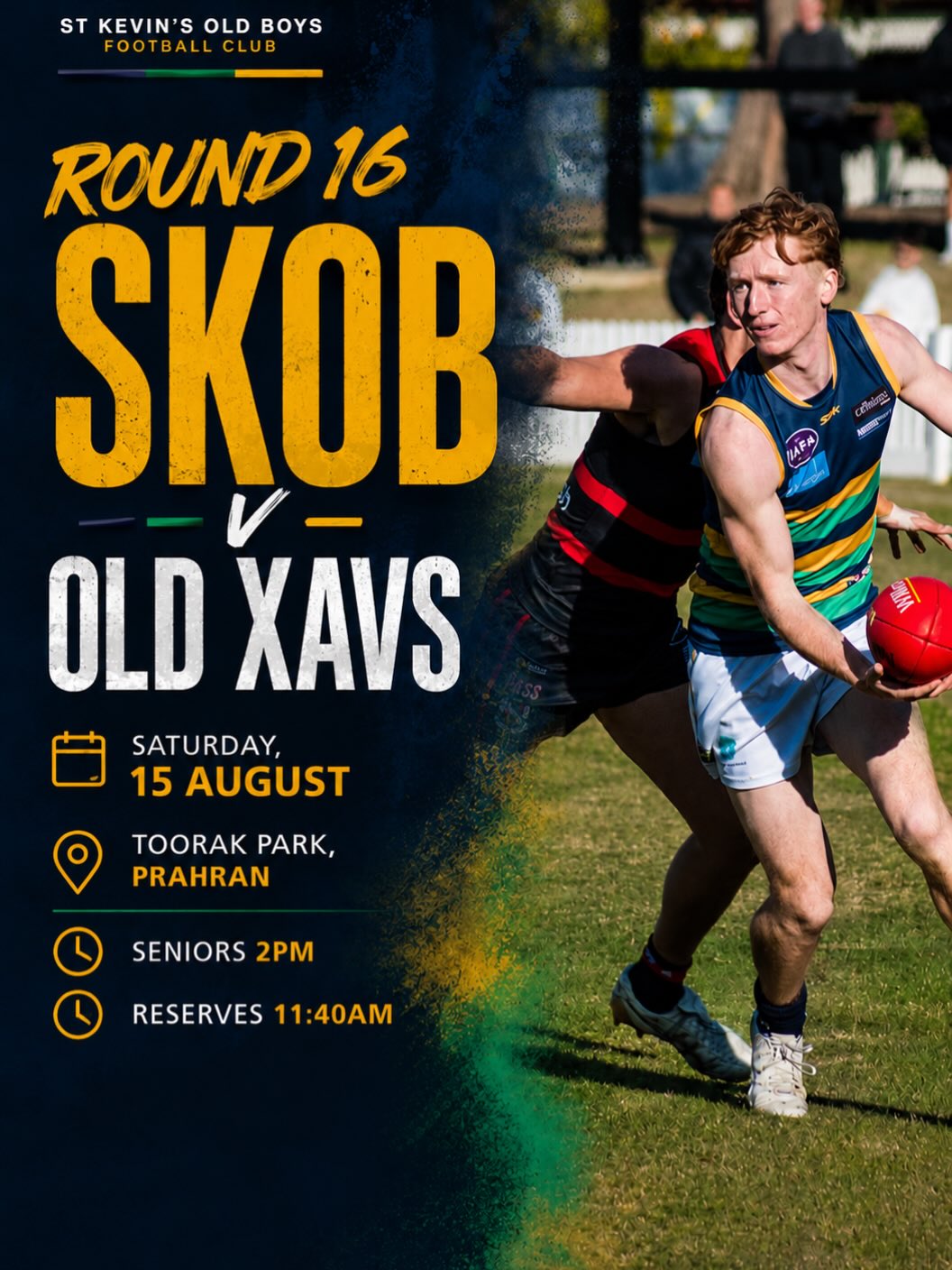 3rd placed SKOB takes on 2nd placed Old Xavs at Toorak Park this Saturday, with only 4 points separating the two sides! A match up that rarely disappoints!
Get down and support!!
Proudly sponsored by @saltfinancial
#goSKOB๐๐๐