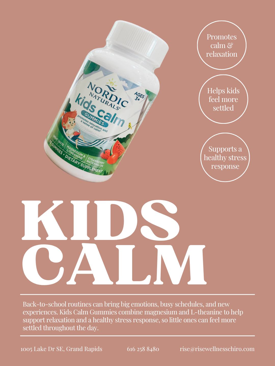 The back-to-school season can bring a lot of excitement, but it can also bring big emotions, new routines, and everyday stress for little ones (and big kids too)!
Kids Calm Gummies by Nordic Naturals are made with magnesium and L-theanine to help promote relaxation and a natural sense of calm without melatonin, making them a great option for daytime or bedtime support.
If you're looking for extra support as your family settles into a new routine, we'd be happy to help you decide if they're a good fit.
You can pick up Kids Calm Gummies right here in our office! Stop by during your next visit or ask a member of our team if you have any questions. We're always happy to help you find the supplements that best support your family's health!