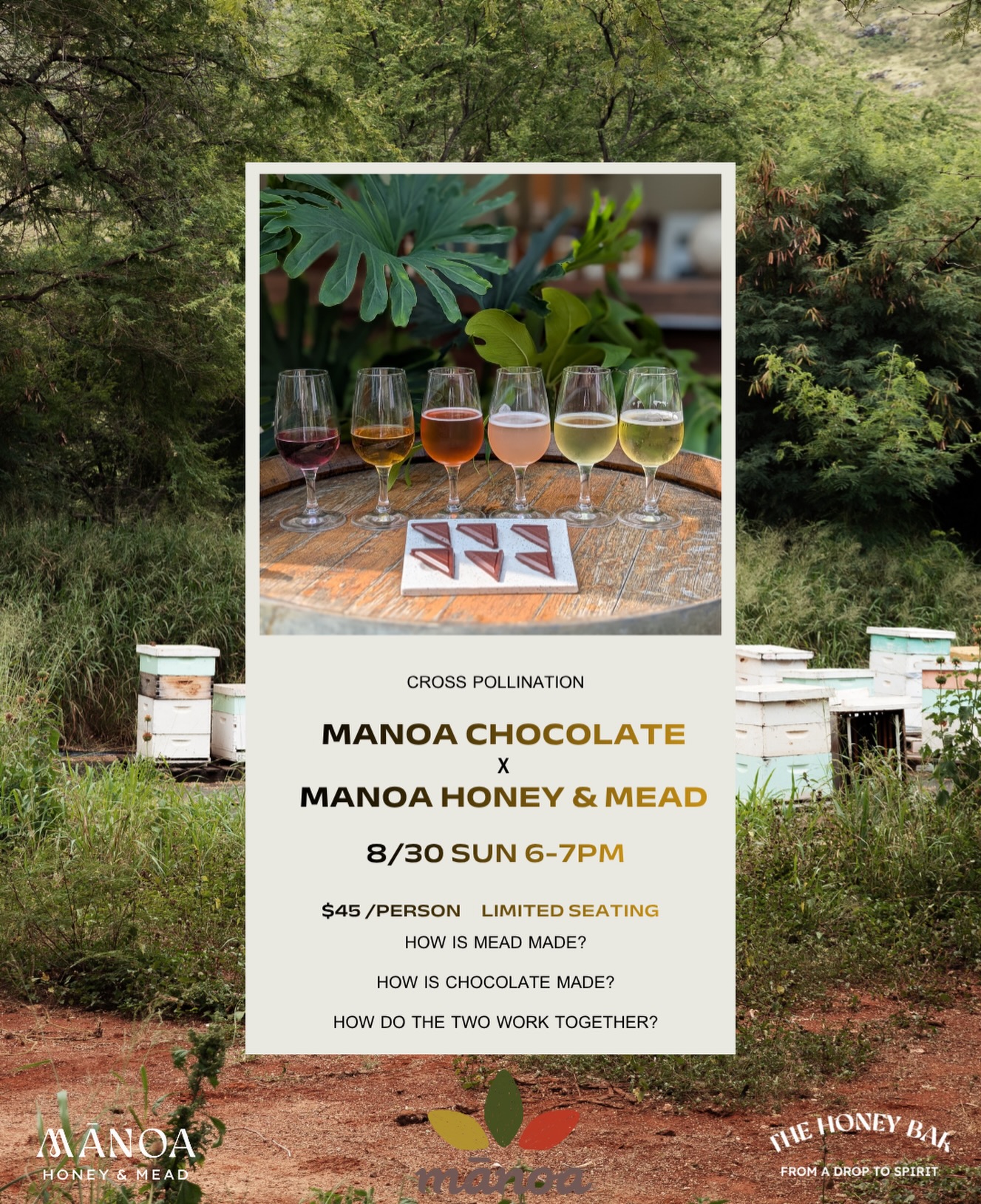 We are so excited to announce our first “Cross Pollination” tasting with @manoachocolate !!
This chocolate and mead tasting event will be a one of a kind tasting led by our lead mixologist, Austin and our good friend Sarah over at Manoa Chocolate! This tasting comes with 6 meads, 6 chocolates and a personal charcuterie board to enjoy during the tasting.
The meads and chocolates have been hand selected by our teams to give you a proper taste of local delicacies!
Sign up and reserve your spot with the link in our bio! Spots are filling up quickly so make sure you confirm your spot before they’re gone!
#manoachocolatefactory #mānoahoneyandmead #kaimuki #keepitkaimuki #honolulu