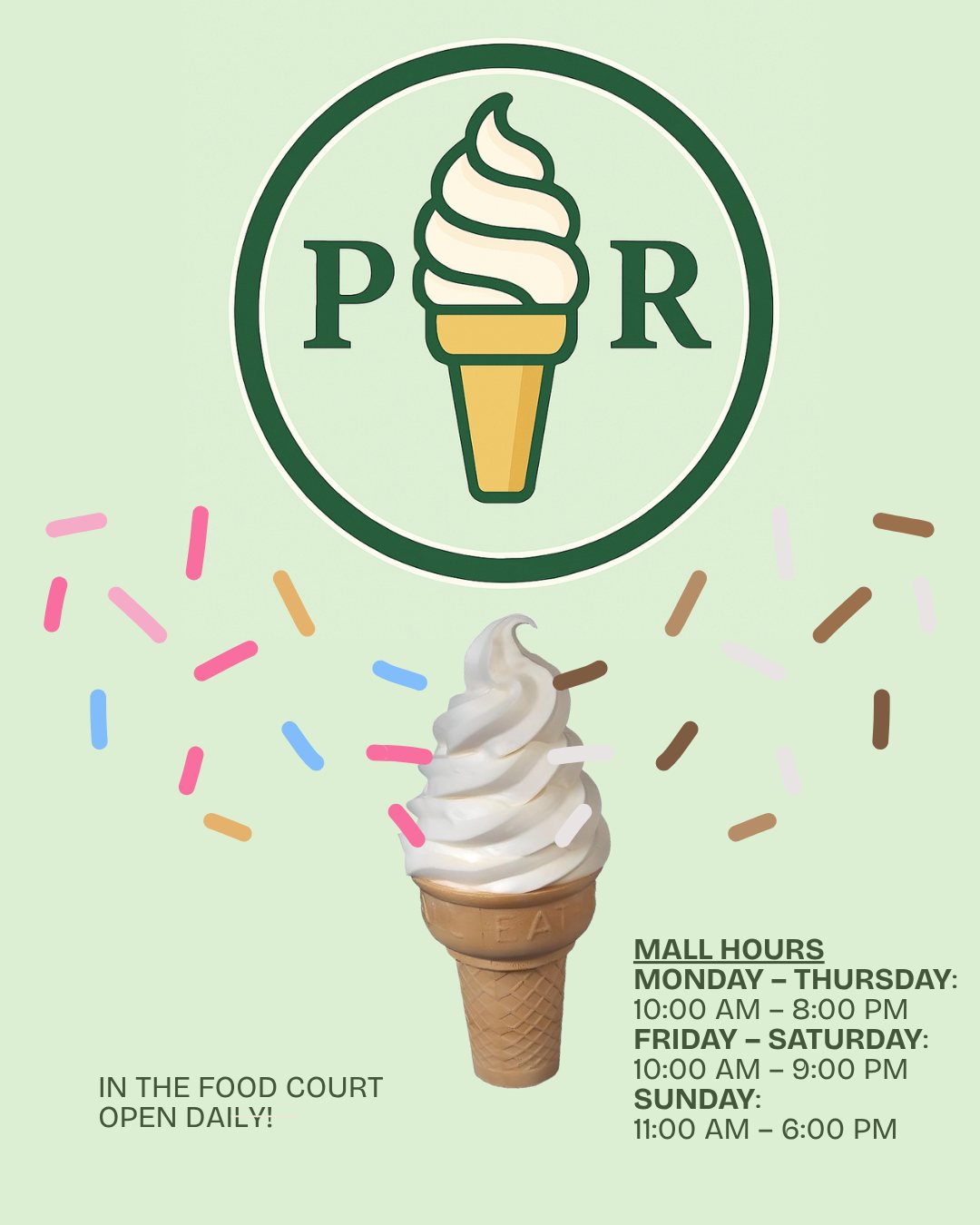 Summer is not over yet! Come get a soft serve to cool off here at Pine Ridge Ice Cream Parlor in the food court!š š¦