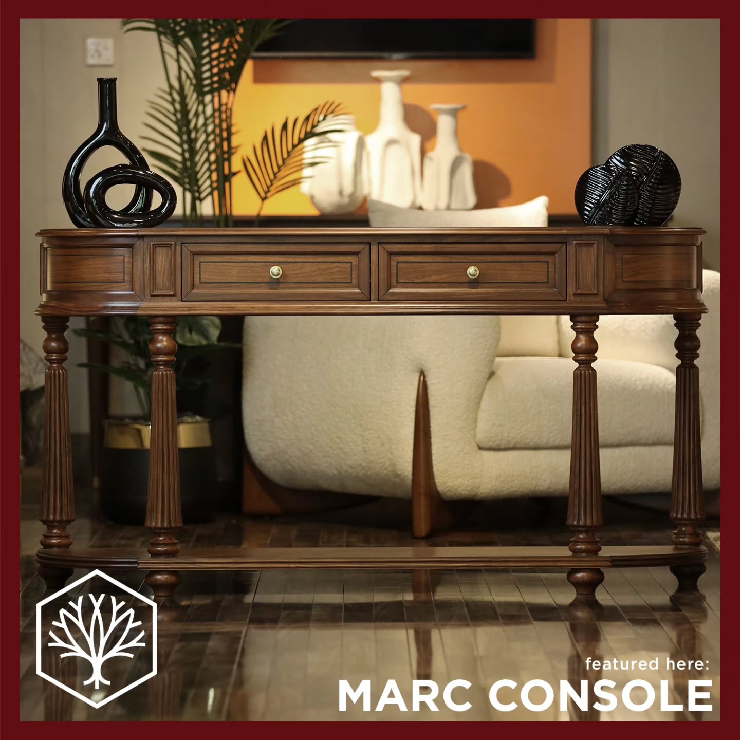Crafted with soft bow-ended contours, fine string inlay, and stately fluted pillars, our Marc Console brings warmth and enduring classical grace to any entryway or living corridor.