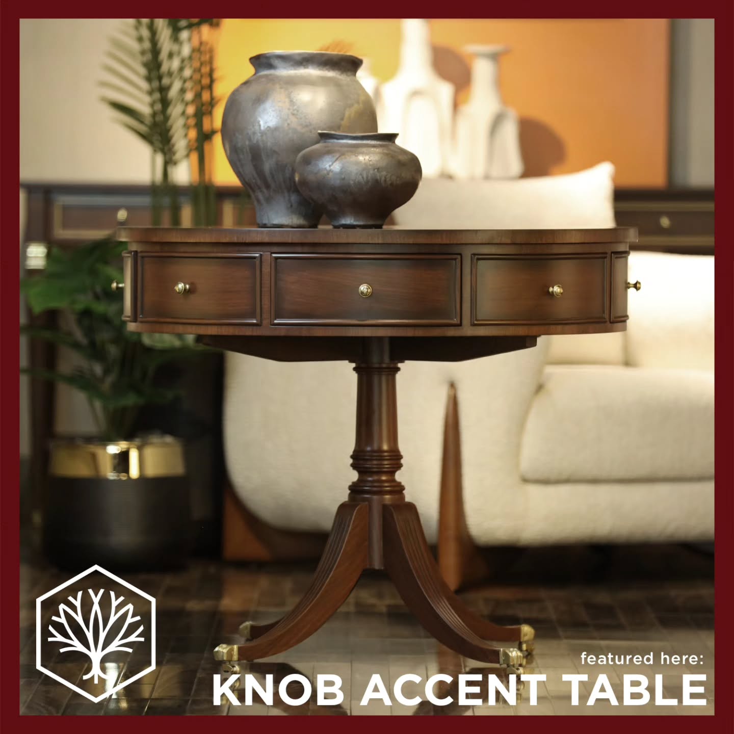 A harmonious balance of Regency charm and timeless utility. Defined by a radial sunburst tabletop framed by delicate circular banding, the Knob Accent table commands attention with its deep, warm wood tones and antique brass details.