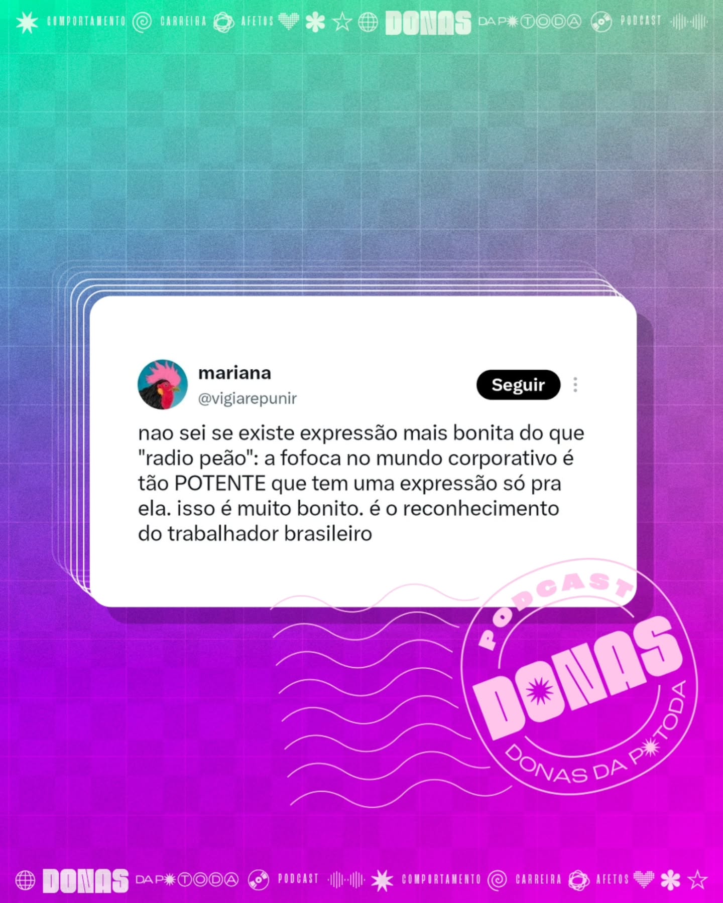 Segunda-feira, 17 de agosto de 2026. Prontas para mais uma semana e mais uma curadoria de tweets?
Nesta terça tem episódio novo no ar. Aproveita para seguir o Donas e avaliar com 5 estrelas no Spotify e na Apple Podcasts.
Contribua com a nossa campanha de financiamento coletivo em apoia.se/donasdaptoda e receba conteúdos exclusivos, brindes e muito mais
#donasdaptoda #podcasts #mulherespodcasters