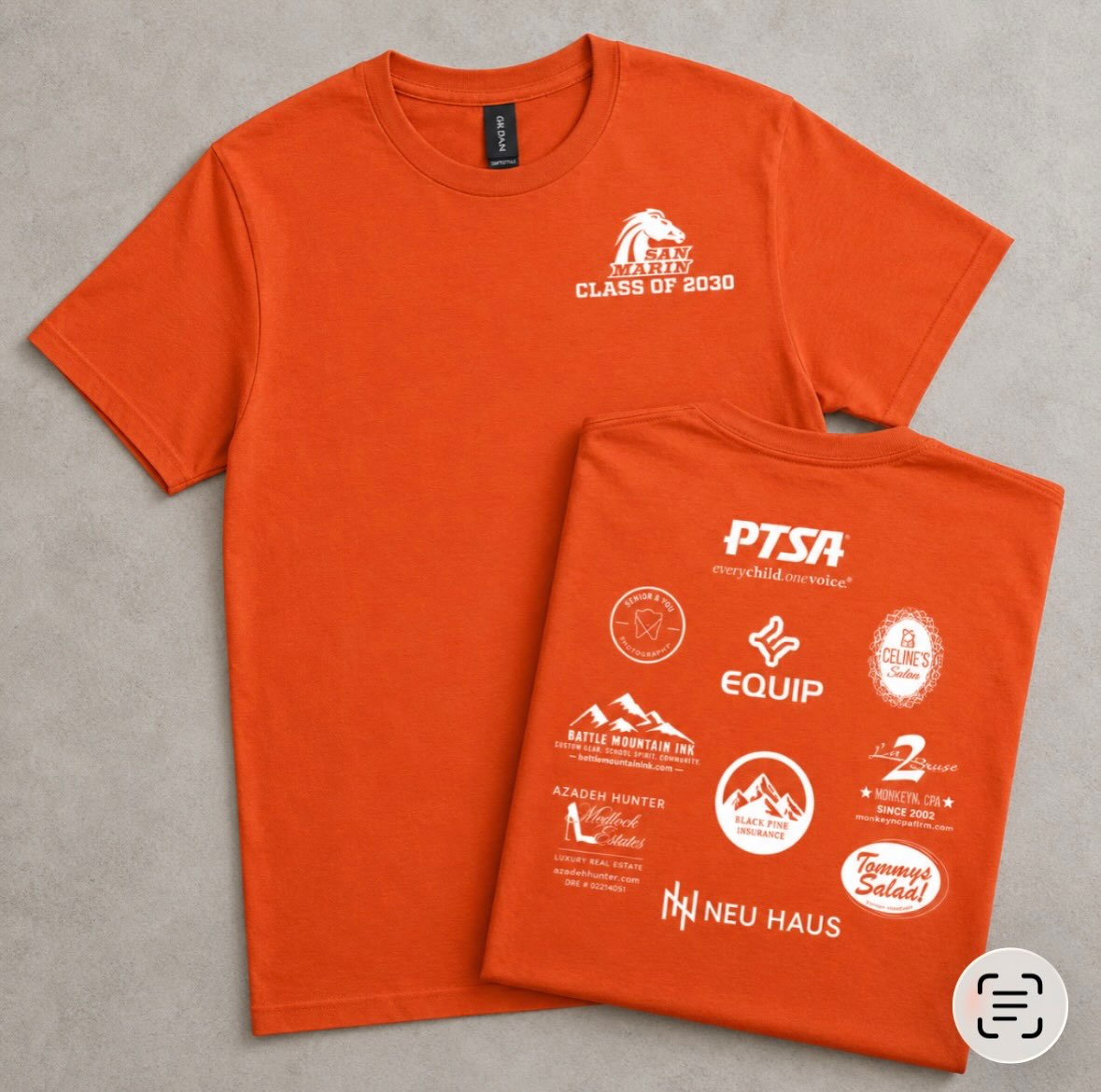 BMI ⛰️ Sports 💚Large orders. Lots of details. One finished product.
San Marin Class of 2030 shirts featuring their class logo on the front and community sponsors on the back. @sanmarinhsofficial @sanmarin.sportsboosters
From school events and team gear to fundraisers and large bulk orders, Battle Mountain Ink can handle the whole project from design to delivery. #buildingcommunity #novatolocal #novatoschools #schoolspirit
