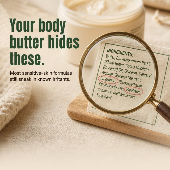 Your sensitive skin deserves better. Most 'gentle' body care hides fragrance, drying alcohols, and sulfates behind clean labels. Those ingredients don't soothe - they strip your moisture barrier and trigger irritation. The fix is simple: read the label and switch to plant-powered ingredients you can trust. Organic shea butter, avocado oil, mango butter. Nothing hidden. Nothing synthetic. Just pure relief your skin will actually thank you for.