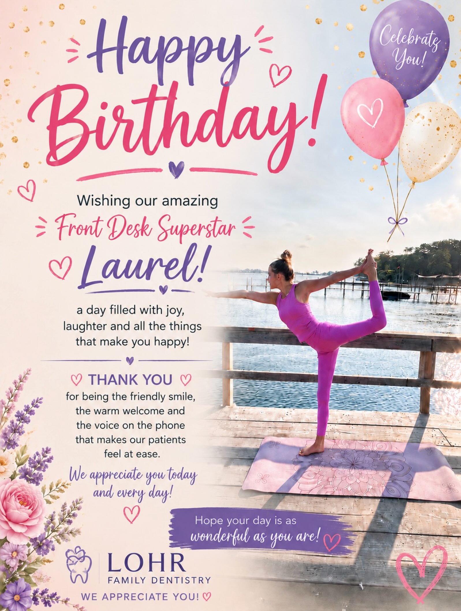 Happy birthday to our flexible yoga 🧘♀️ and Pilates loving Laurel! That photo is truly her doing yoga outside after work! Amazing! Thank you for all your hard work learning all the ins and outs of running our front desk! We are grateful to you! #yogilaurel #frontdeskcoordinator #happybirthday #prettyinpink #smilesonthephone