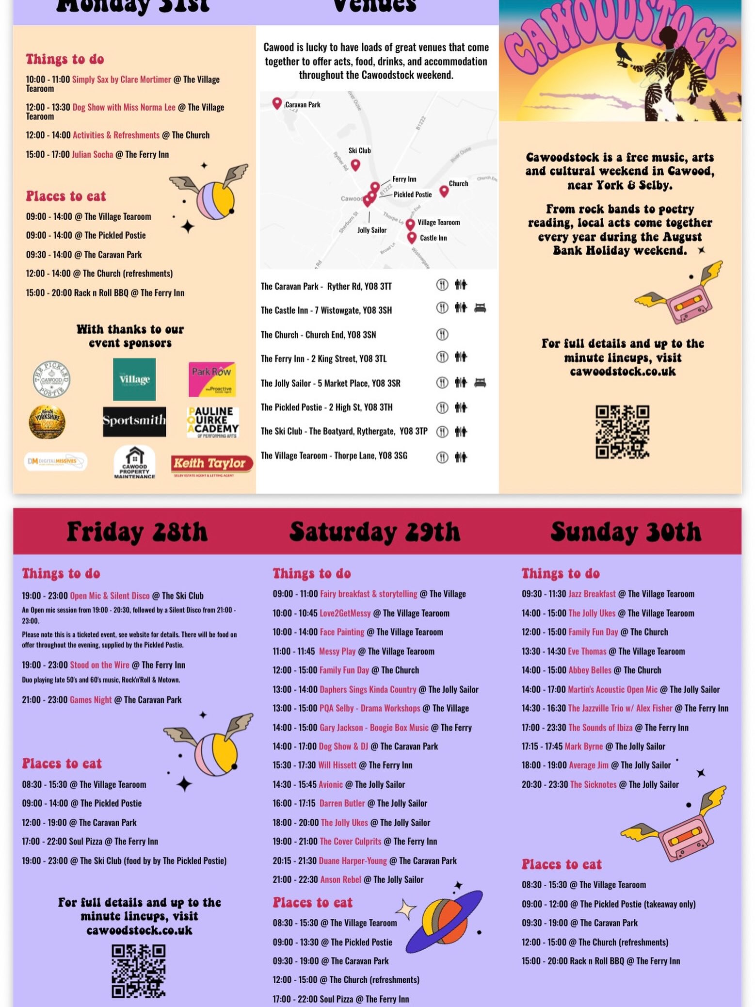 THE LINE UP IS CONFIRMED!! š¶
Cawoodstock is back for 2026, the venues of Cawood coming together to provide a full weekend of entertainment for everyone.
Whether youāre looking for a family fun day, a musically entertained breakfast or partying late into the night, we have something for you šŗš½
Take a look at our line up, organise some friends & pop your favourites into your diary.
šļø Bank Holiday Weekend 28th-31st August
šCawood
ā¢The Caravan Park
ā¢The Castle Inn
ā¢The Church
ā¢The Ferry Inn
ā¢The Jolly Sailor
ā¢The Pickled Postie
ā¢The Ski Club
ā¢The Village Tearoom