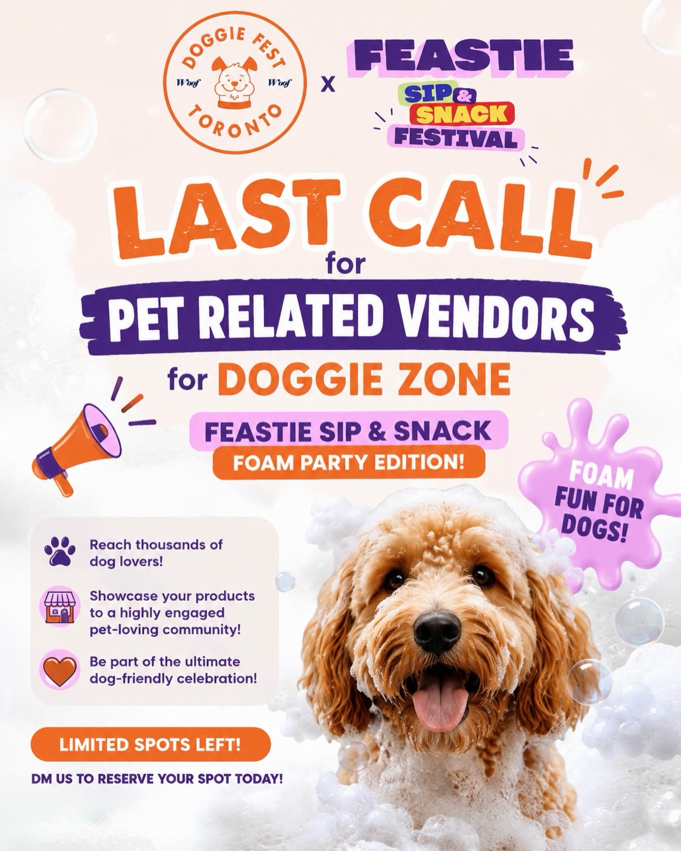 🚨 LAST CALL FOR PET VENDORS! 🐾🫧
We’re looking for a few more amazing pet-related vendors to join the Doggie Zone at FEASTIE Sip & Snack Festival – Foam Party Edition! 🎉🐶
📅 Saturday, August 22
⏰ 12 PM – 9 PM
📍 Henderson Brewing Co., Toronto
Come showcase your brand, connect with Toronto’s pet-loving community, and join us for a fun-filled day featuring our DOGGIE FOAM PARTY 🫧🐕, pet vendors, activities, photo ops & more!
✨ Limited vendor spots remaining!
Interested in joining us? DM us or email info@doggiefest.ca to reserve your spot!
Tag a pet business you’d love to see there! 👇🐾
#DoggieFest #Feastie #DoggieZone #TorontoDogs #TorontoDogEvents